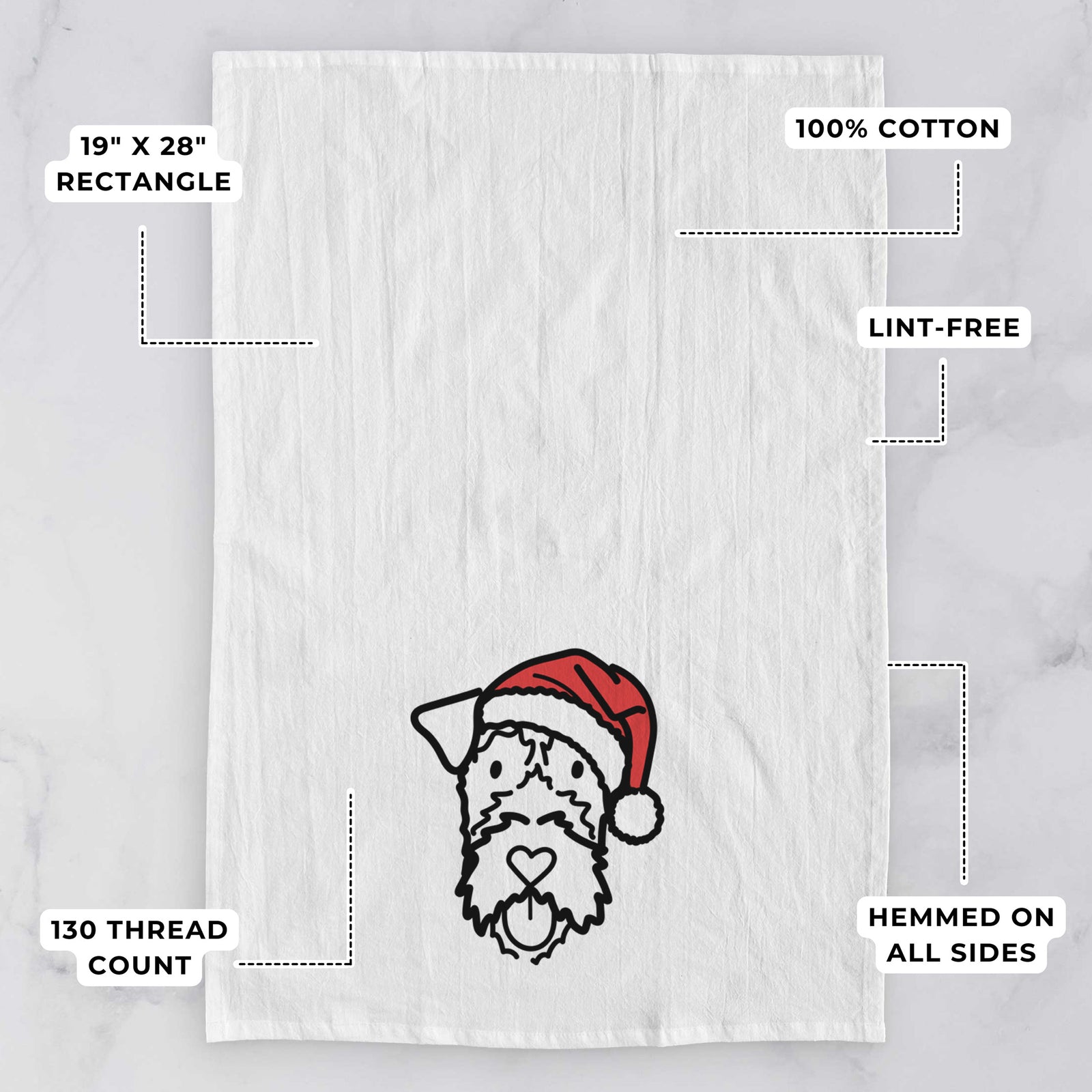 Minimalist line drawing of an Irish Terrier wearing a Santa hat on a tea towel, with feature callouts: 19 x 28 inch rectangle, 100% cotton, lint-free, 120 thread count, hemmed on all sides