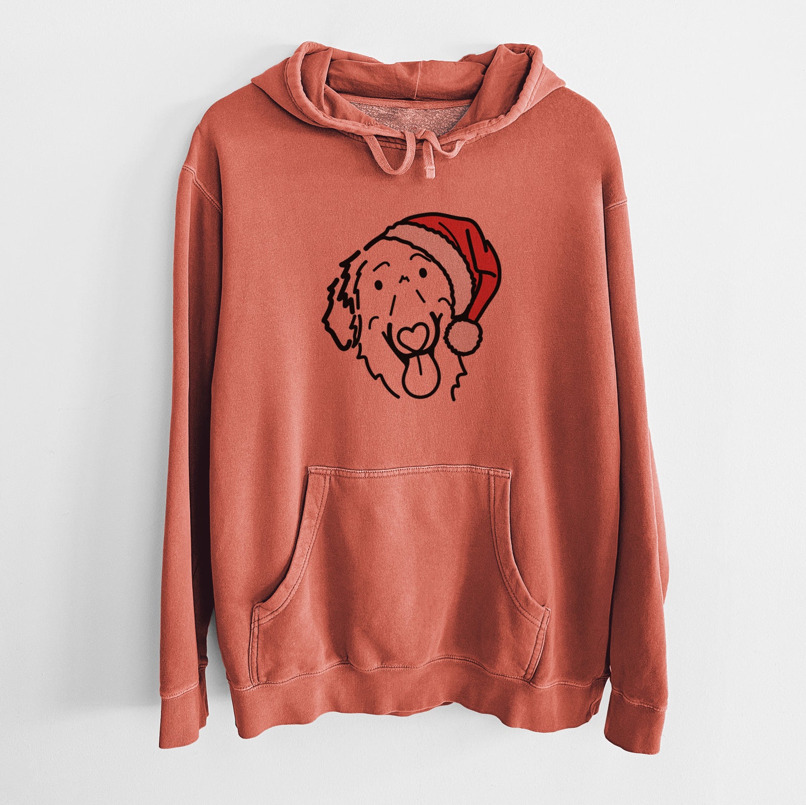 Minimalist line drawing of Jack the Flat-Coated Retriever wearing a Santa hat on an Amber Unisex pigment dyed hoodie