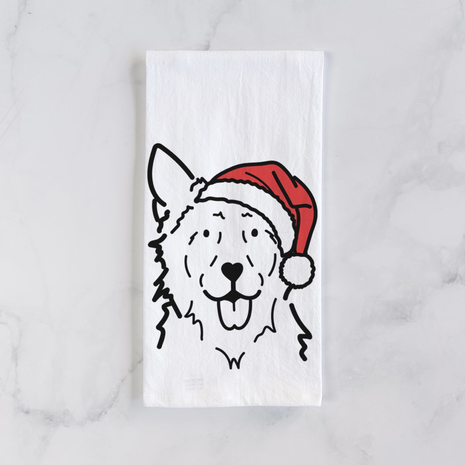 Minimalist line drawing of Jack the Mudi wearing a Santa hat on a tea towel