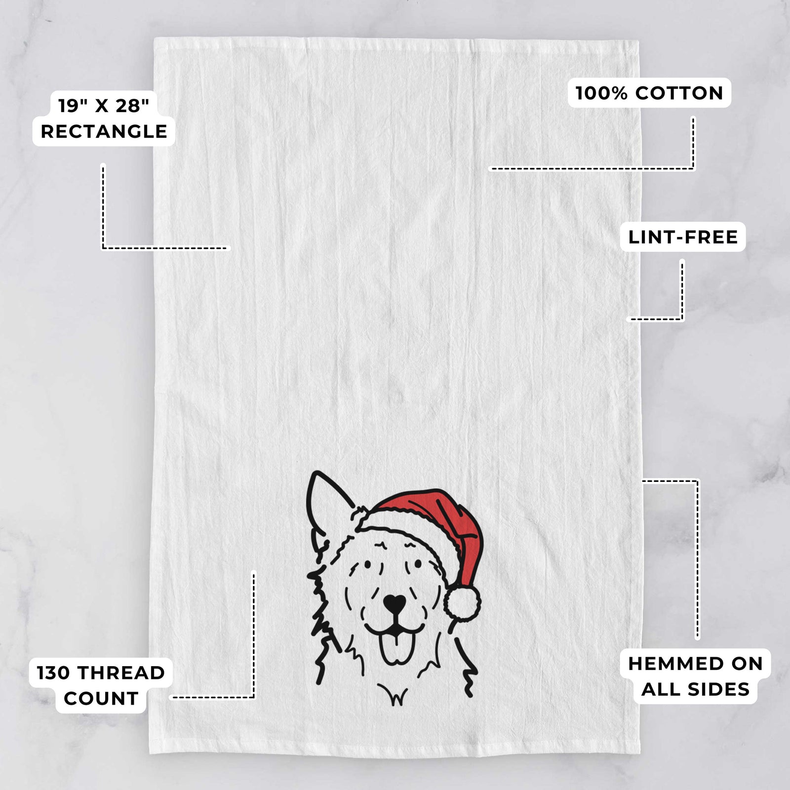 Minimalist line drawing of Jack the Mudi wearing a Santa hat on a tea towel, with feature callouts: 19 x 28 inch rectangle, 100% cotton, lint-free, 120 thread count, hemmed on all sides