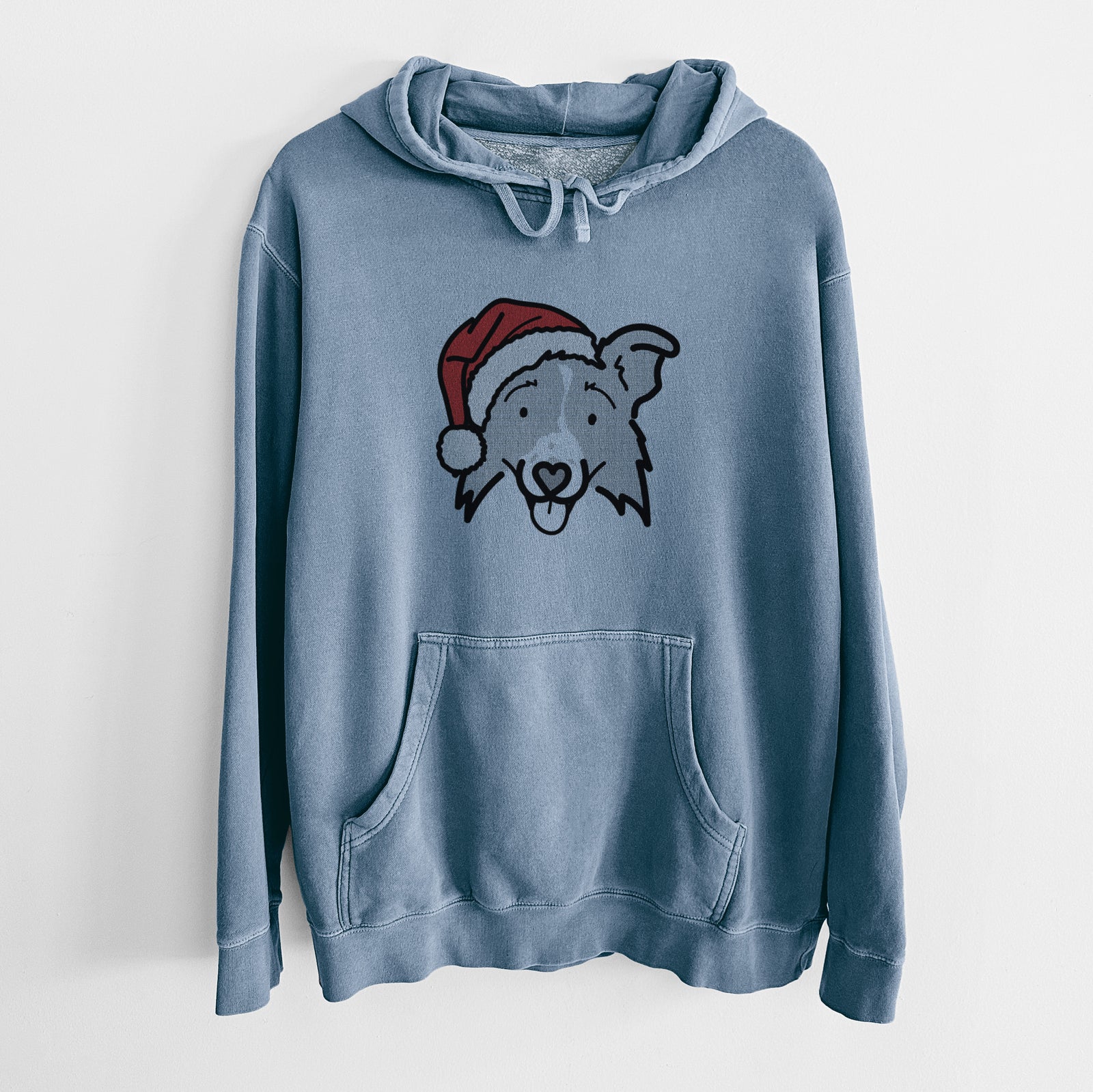 Minimalist line drawing of Jam the Border Collie 2.0 wearing a Santa hat on a Slate Blue Unisex pigment dyed hoodie