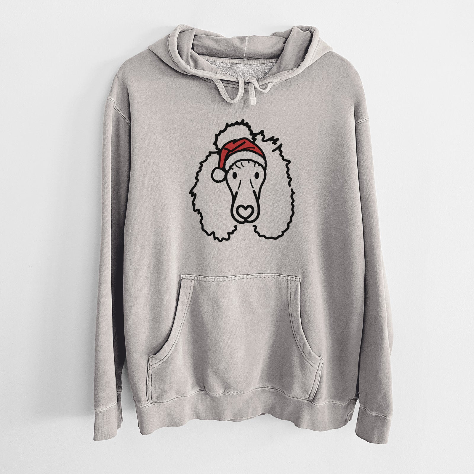 Minimalist line drawing of Jemma the Standard Poodle wearing a Santa hat on a Cement Unisex pigment dyed hoodie