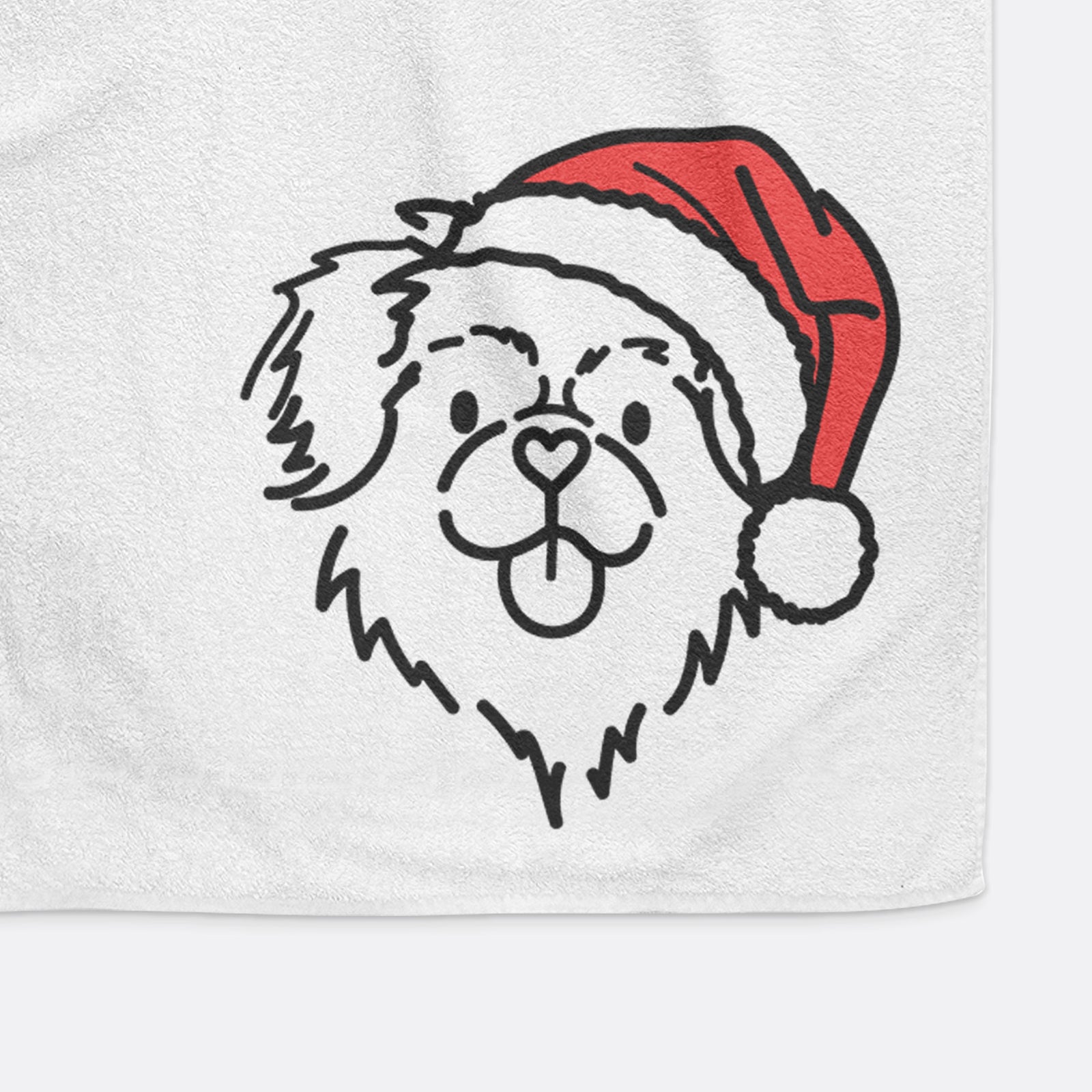 Minimalist line drawing of Jiji the Tibetan Spaniel wearing a Santa hat on a decorative hand towel