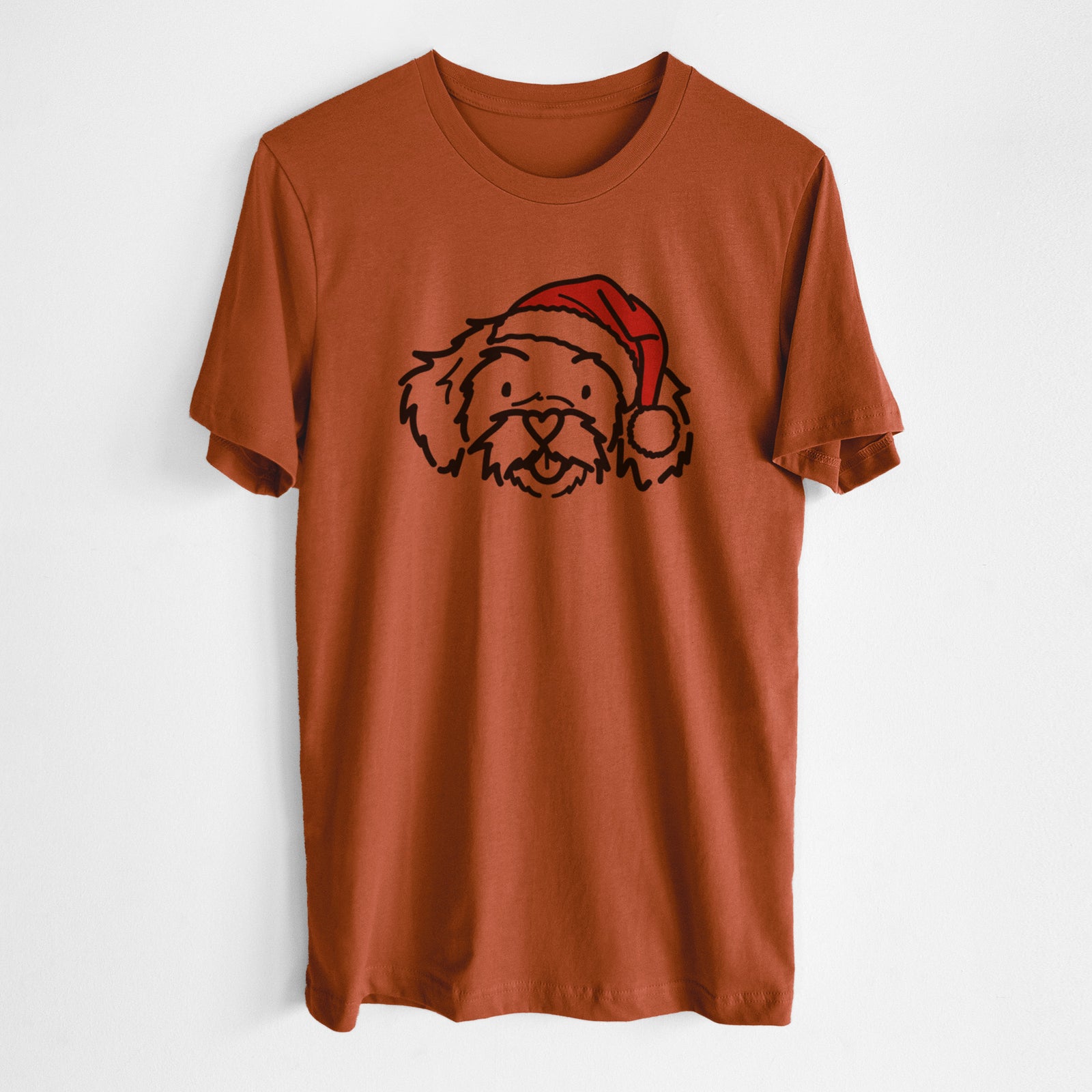 Minimalist line drawing of Jo Jo the Peekapoo wearing a Santa hat on an Autumn Unisex crewneck, worn by a man