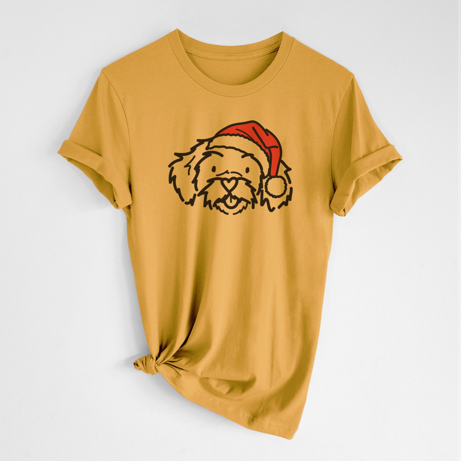 Minimalist line drawing of Jo Jo the Peekapoo wearing a Santa hat on a Honeycomb Unisex crewneck, worn by a woman