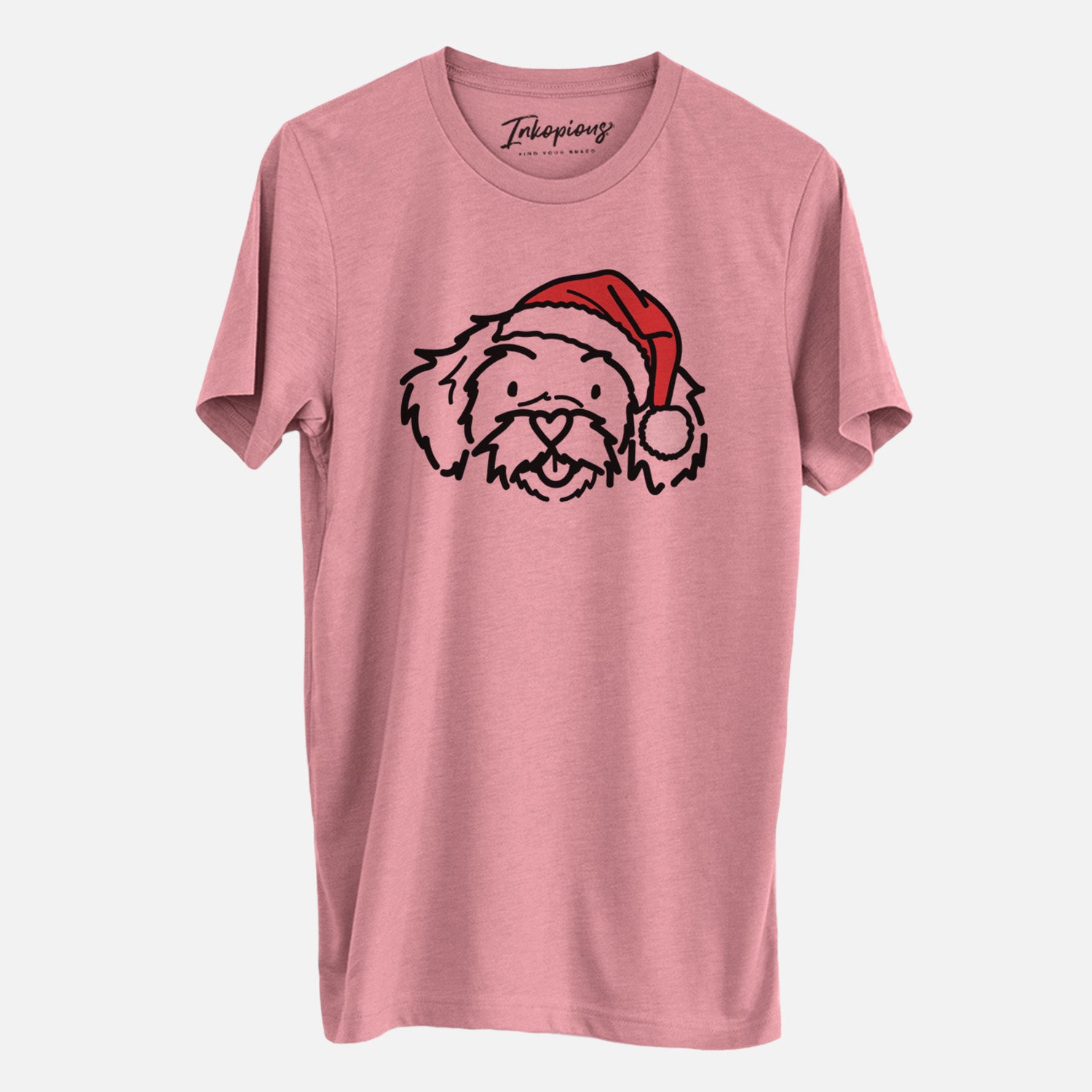 Minimalist line drawing of Jo Jo the Peekapoo wearing a Santa hat on a Mauve Unisex crewneck, worn by a man