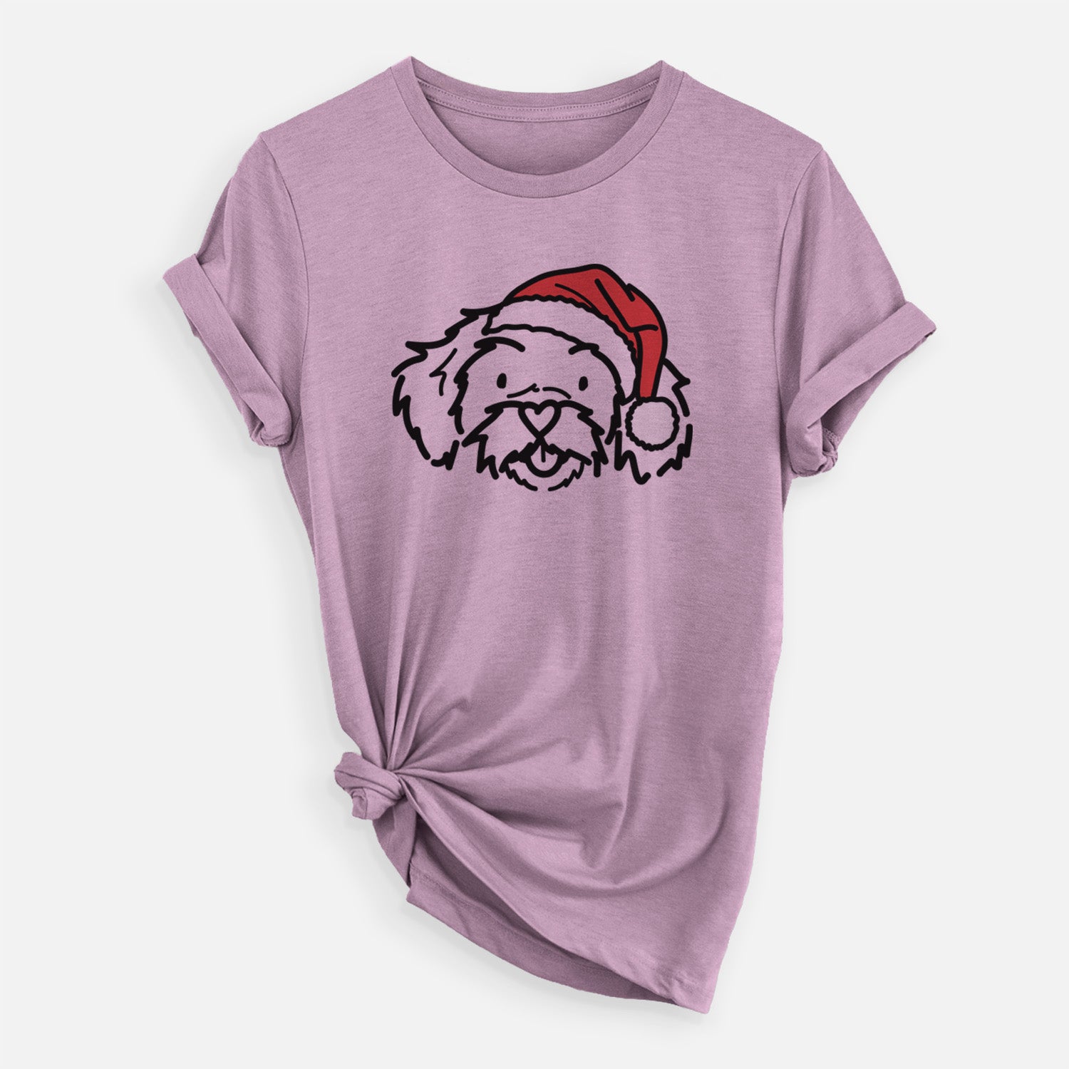 Minimalist line drawing of Jo Jo the Peekapoo wearing a Santa hat on an Orchid Unisex crewneck, worn by a woman