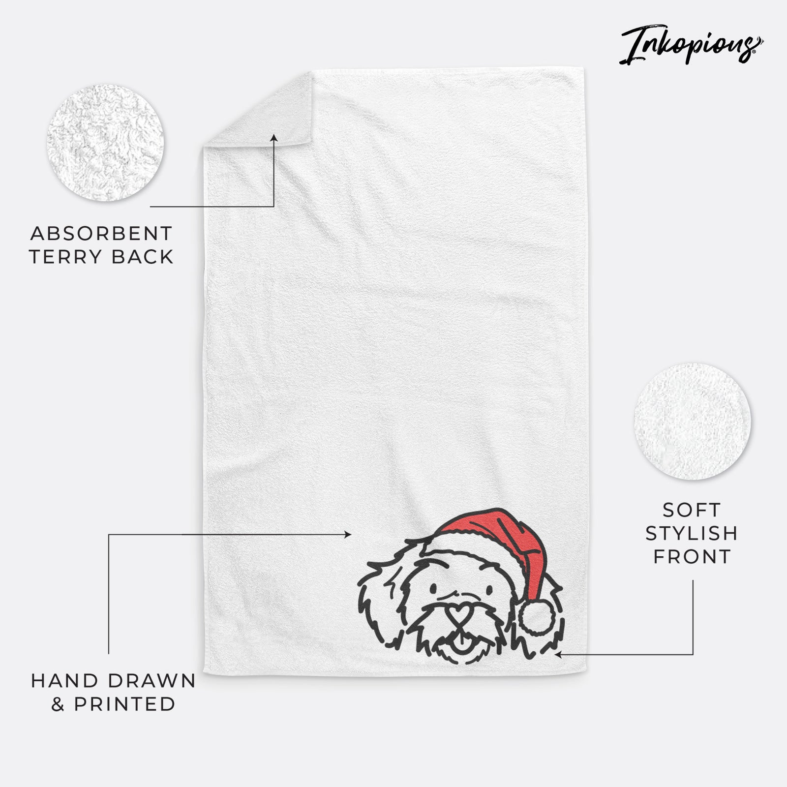 Minimalist line drawing of Jo Jo the Peekapoo wearing a Santa hat on a hand towel