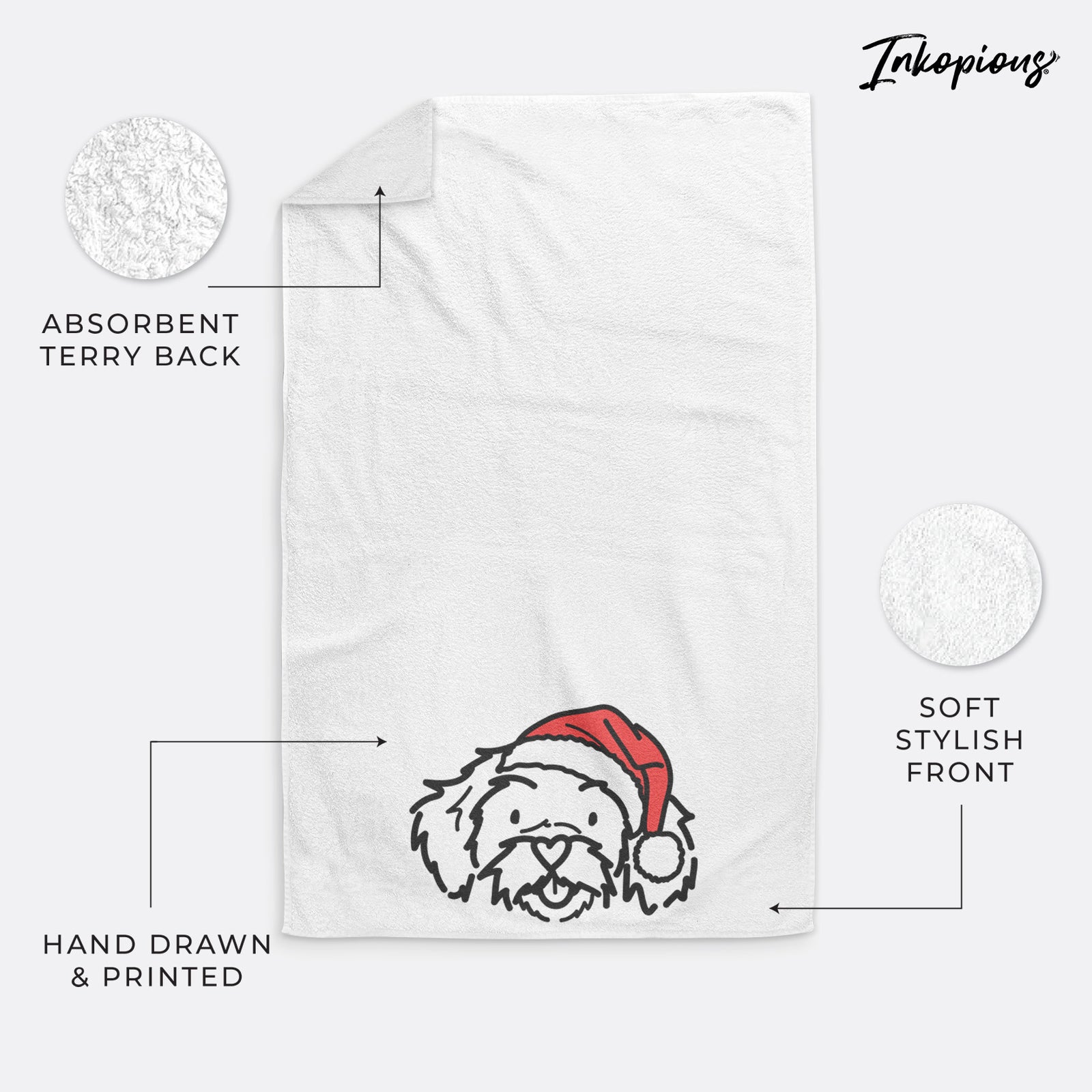 Minimalist line drawing of Jo Jo the Peekapoo wearing a Santa hat on a hand towel