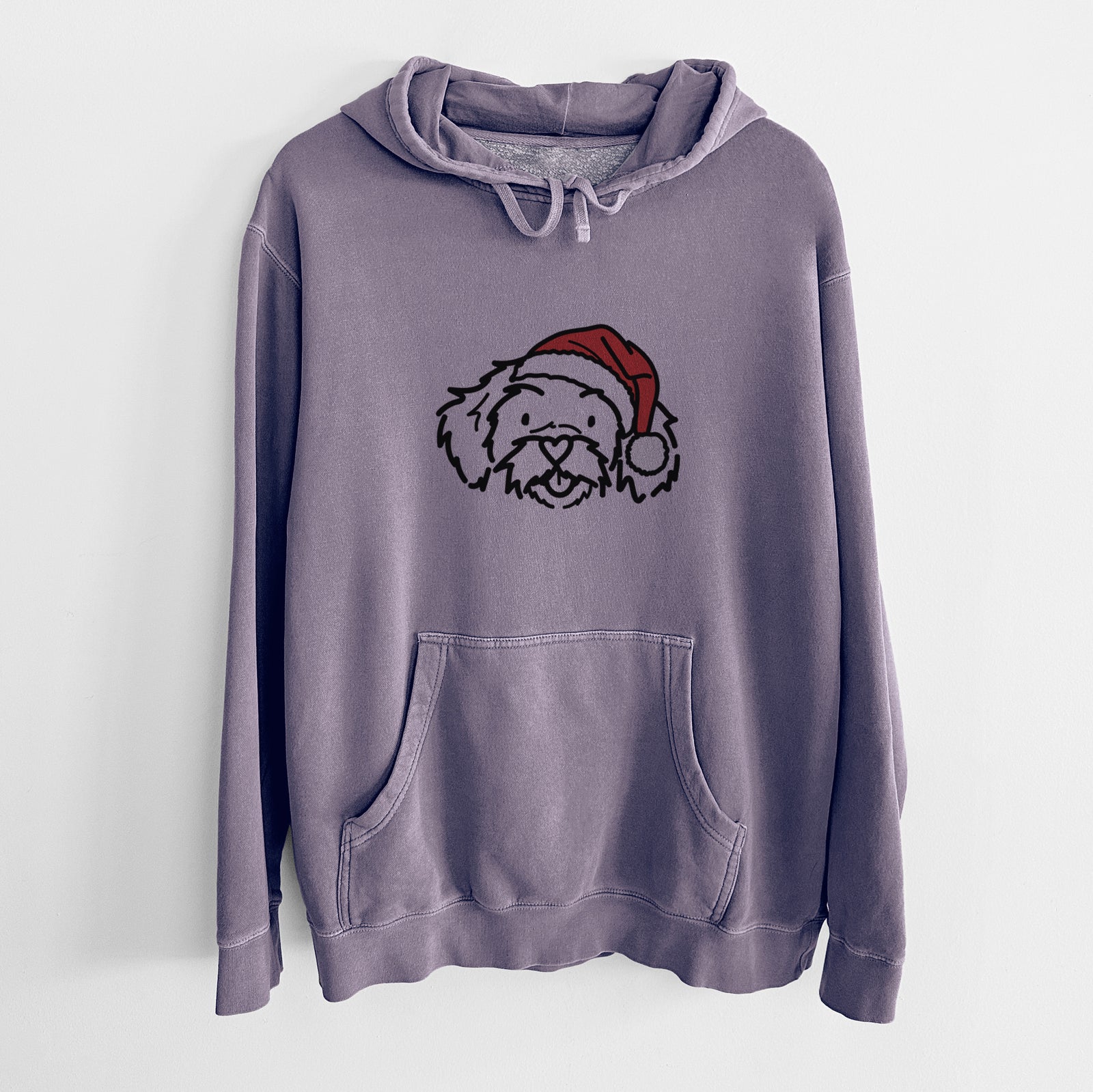 Minimalist line drawing of Jo Jo the Peekapoo wearing a Santa hat on a Plum Unisex pigment dyed hoodie