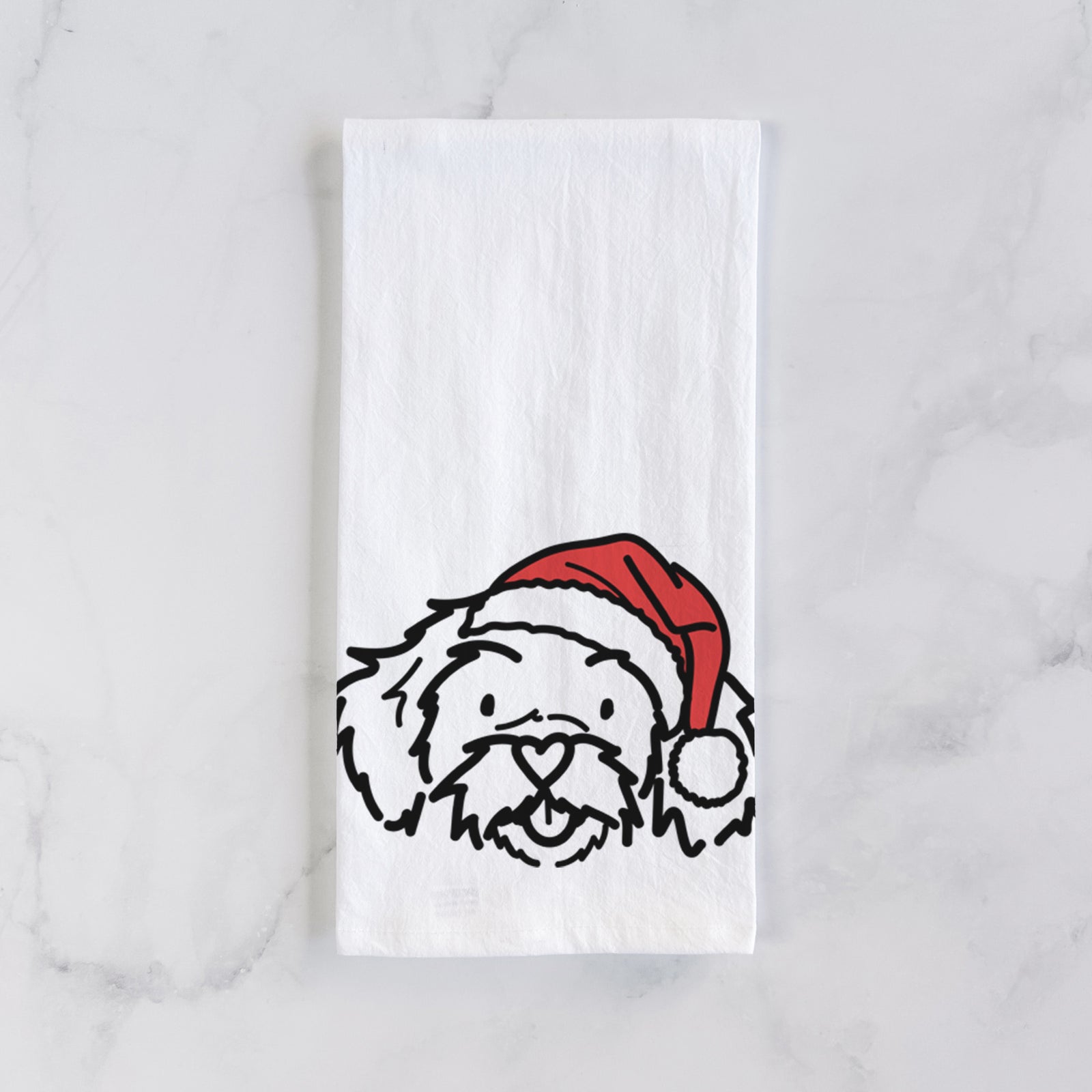 Minimalist line drawing of Jo Jo the Peekapoo wearing a Santa hat on a tea towel