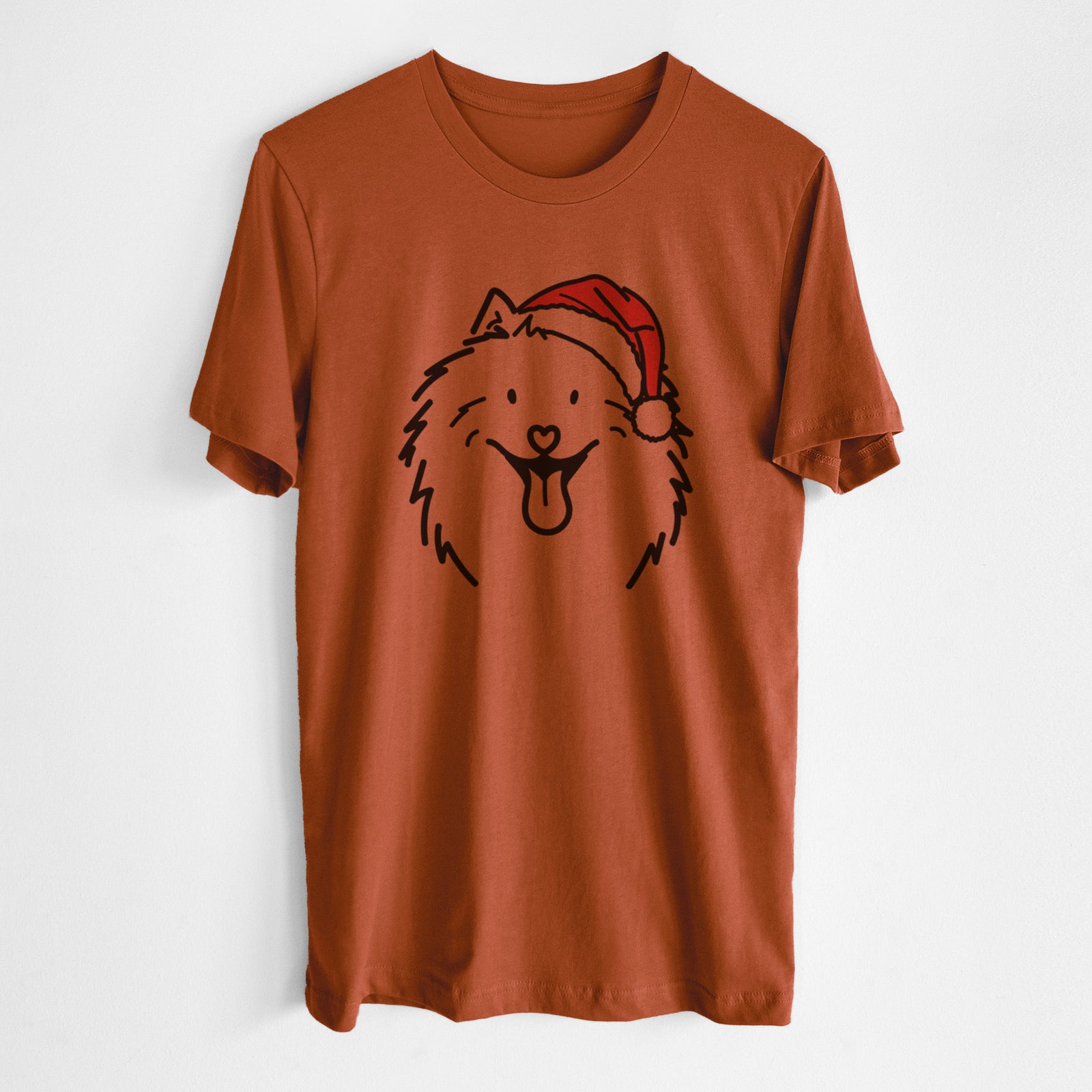 Minimalist line drawing of Johnny the Samoyed wearing a Santa hat on an Autumn Unisex crewneck, worn by a man