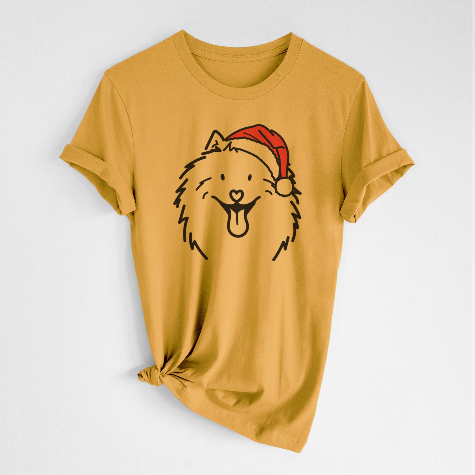 Minimalist line drawing of Johnny the Samoyed wearing a Santa hat on a Honeycomb Unisex crewneck, worn by a woman