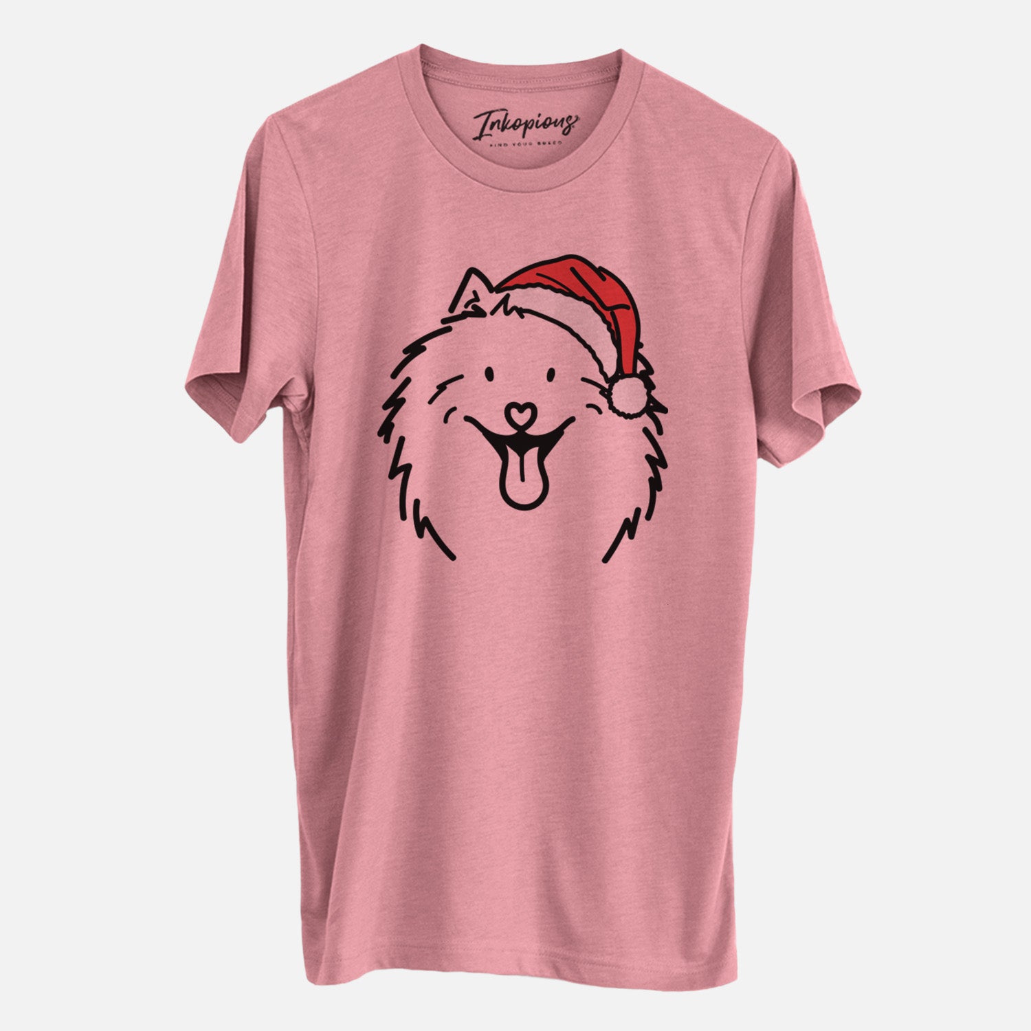Minimalist line drawing of Johnny the Samoyed wearing a Santa hat on a Mauve Unisex crewneck, worn by a man