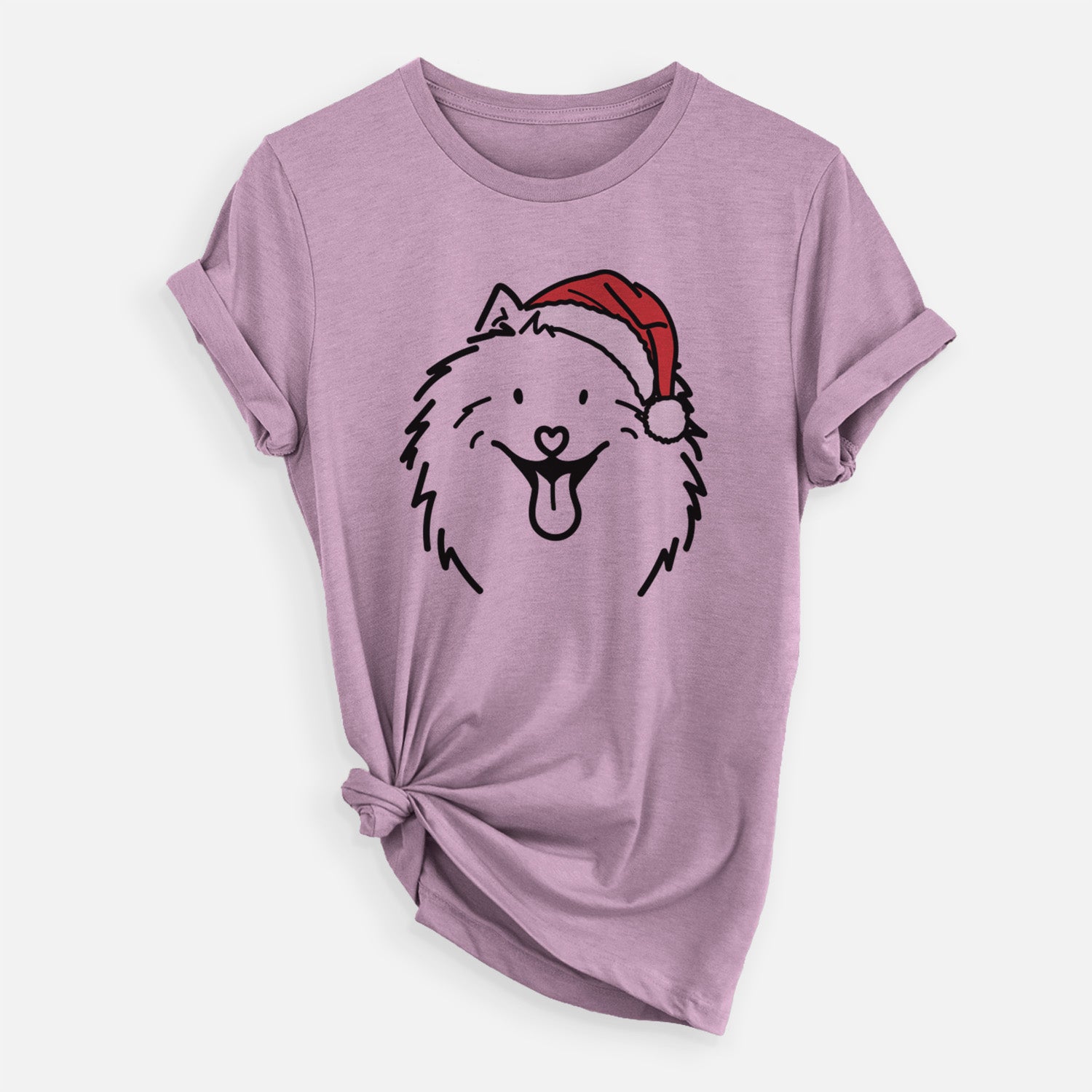Minimalist line drawing of Johnny the Samoyed wearing a Santa hat on an Orchid Unisex crewneck, worn by a woman