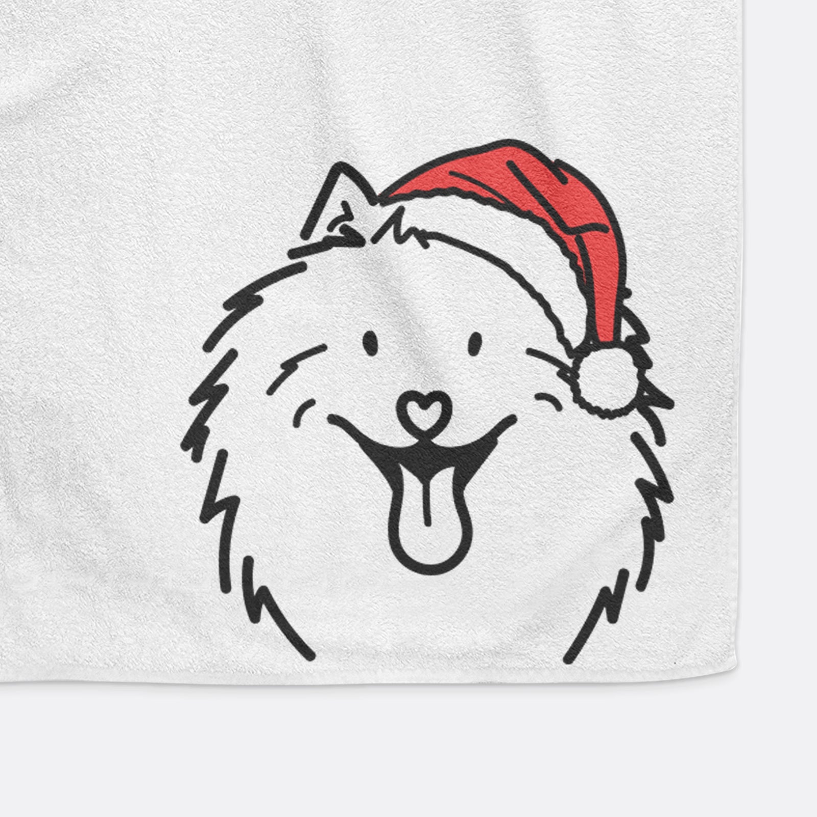 Minimalist line drawing of Johnny the Samoyed wearing a Santa hat on a hand towel