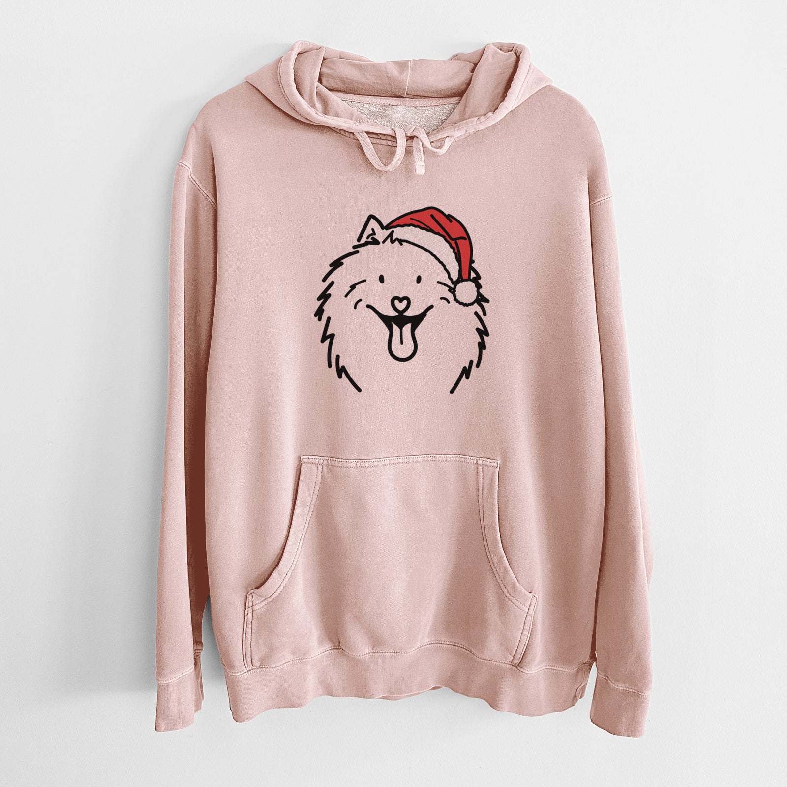 Minimalist line drawing of Johnny the Samoyed wearing a Santa hat on a Dusty Pink Unisex pigment dyed hoodie