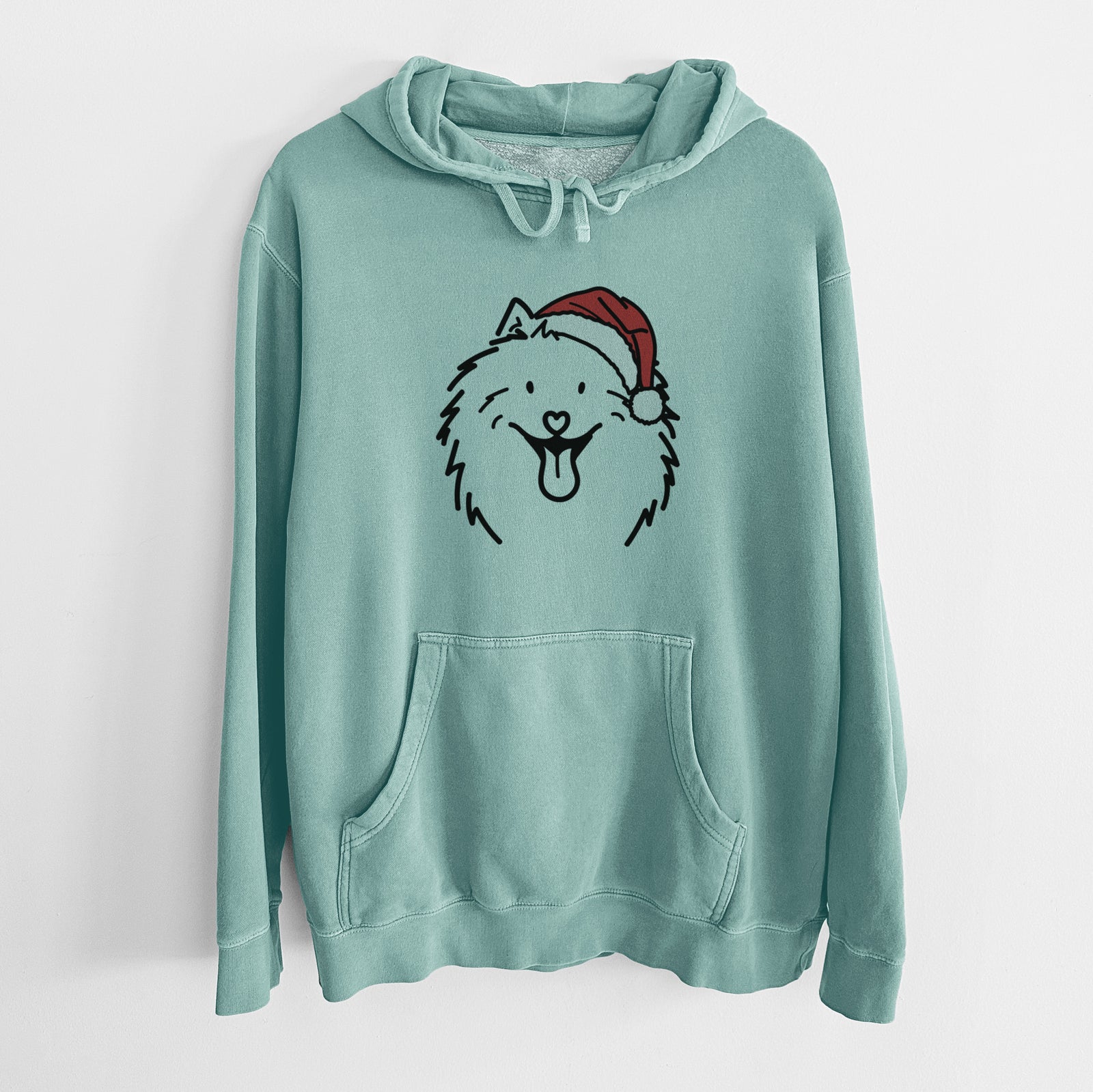 Minimalist line drawing of Johnny the Samoyed wearing a Santa hat on a Mint Unisex pigment dyed hoodie