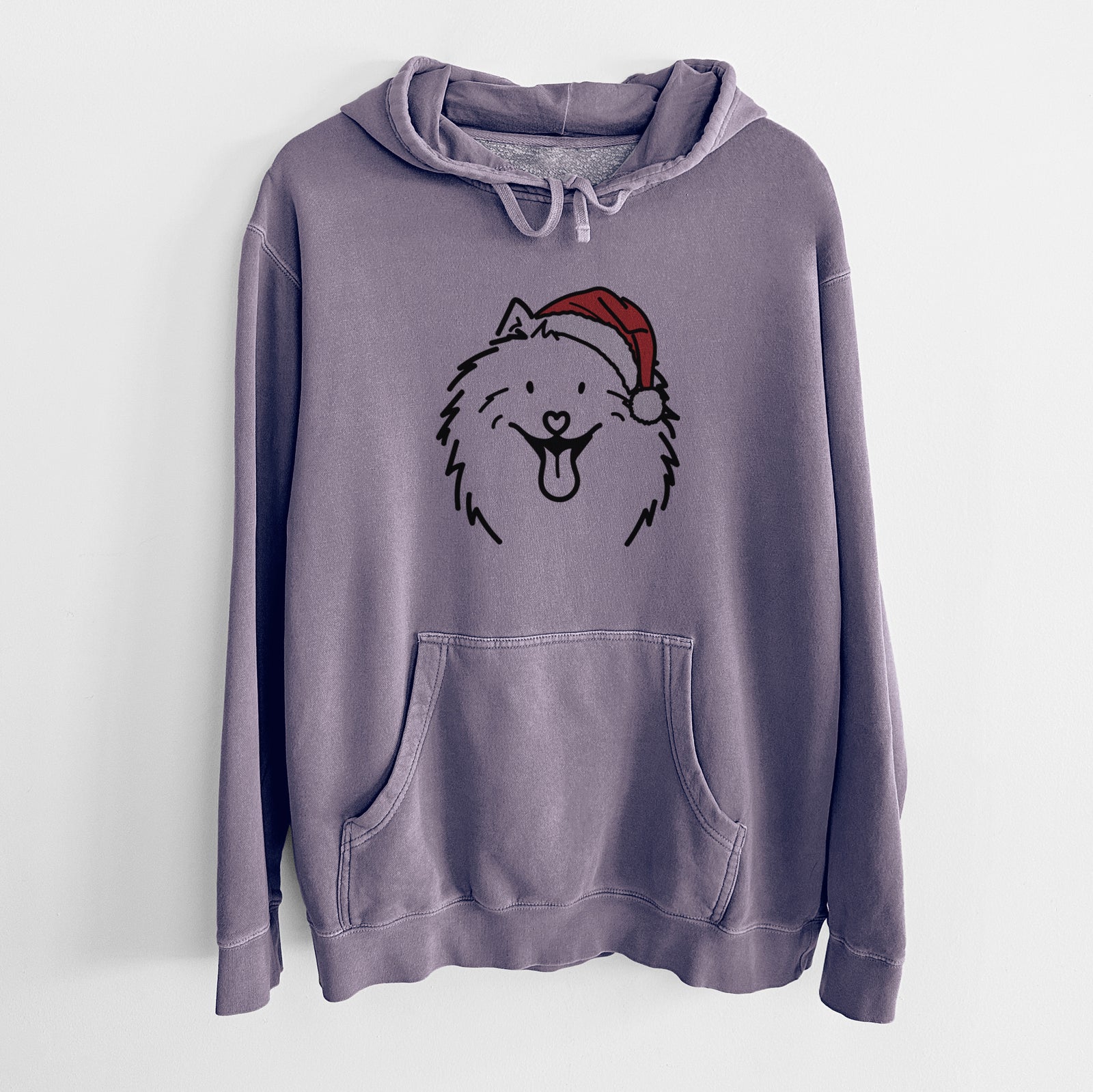 Minimalist line drawing of Johnny the Samoyed wearing a Santa hat on a Plum Unisex pigment dyed hoodie