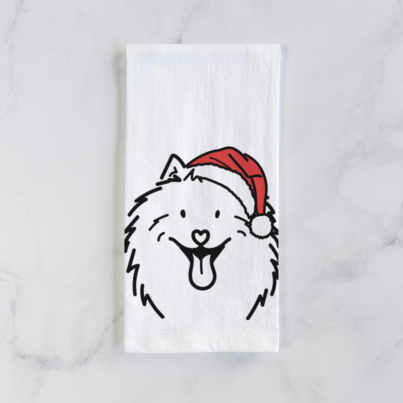 Minimalist line drawing of Johnny the Samoyed wearing a Santa hat on a tea towel