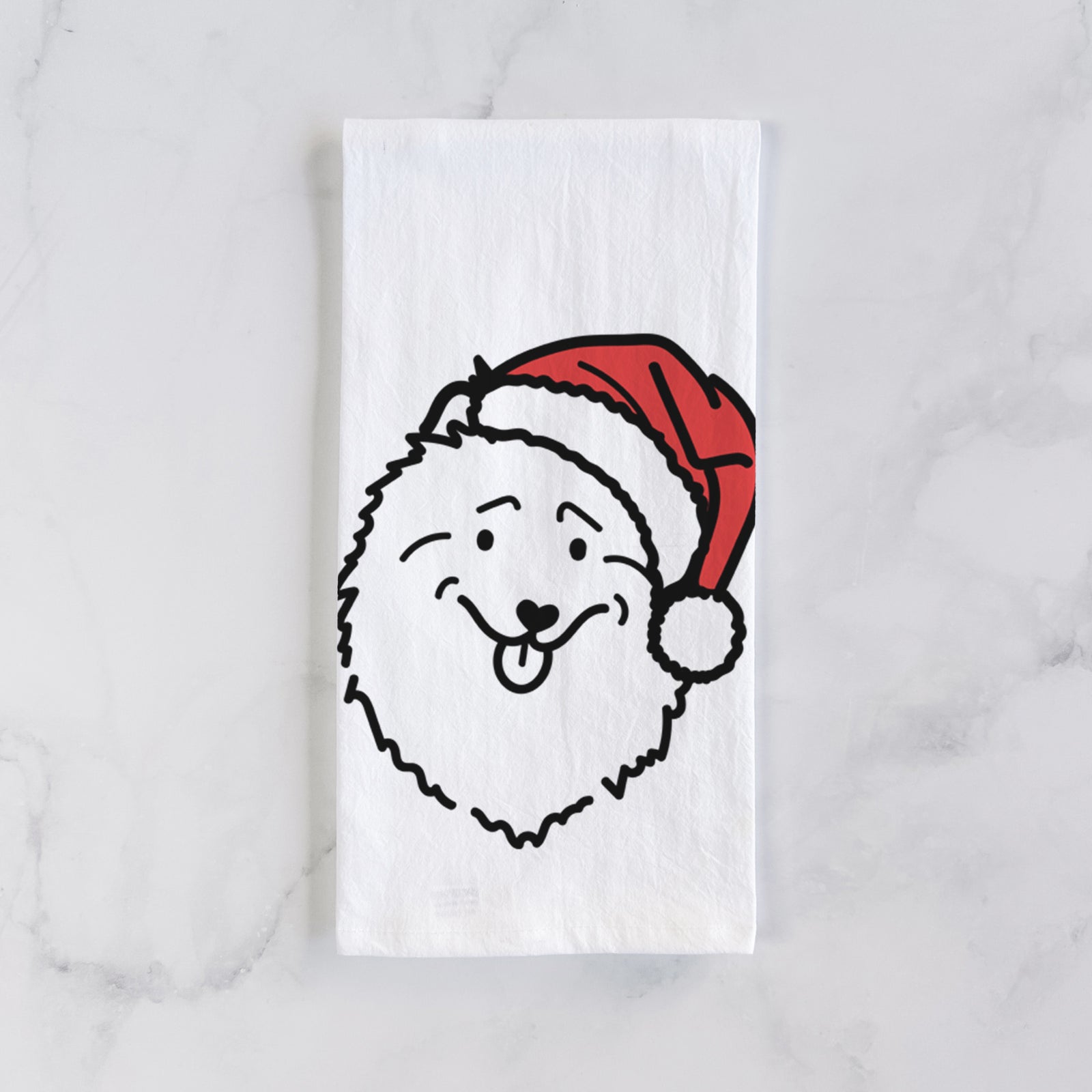 Minimalist line drawing of a Keeshond wearing a Santa hat on a tea towel