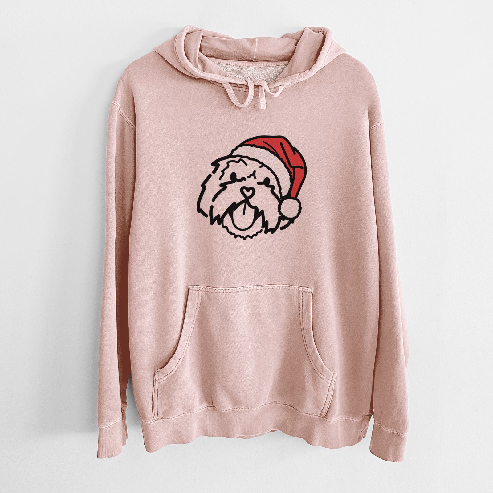 Minimalist line drawing of Keia the Lhasa Apso wearing a Santa hat on a Dusty Pink Unisex pigment dyed hoodie