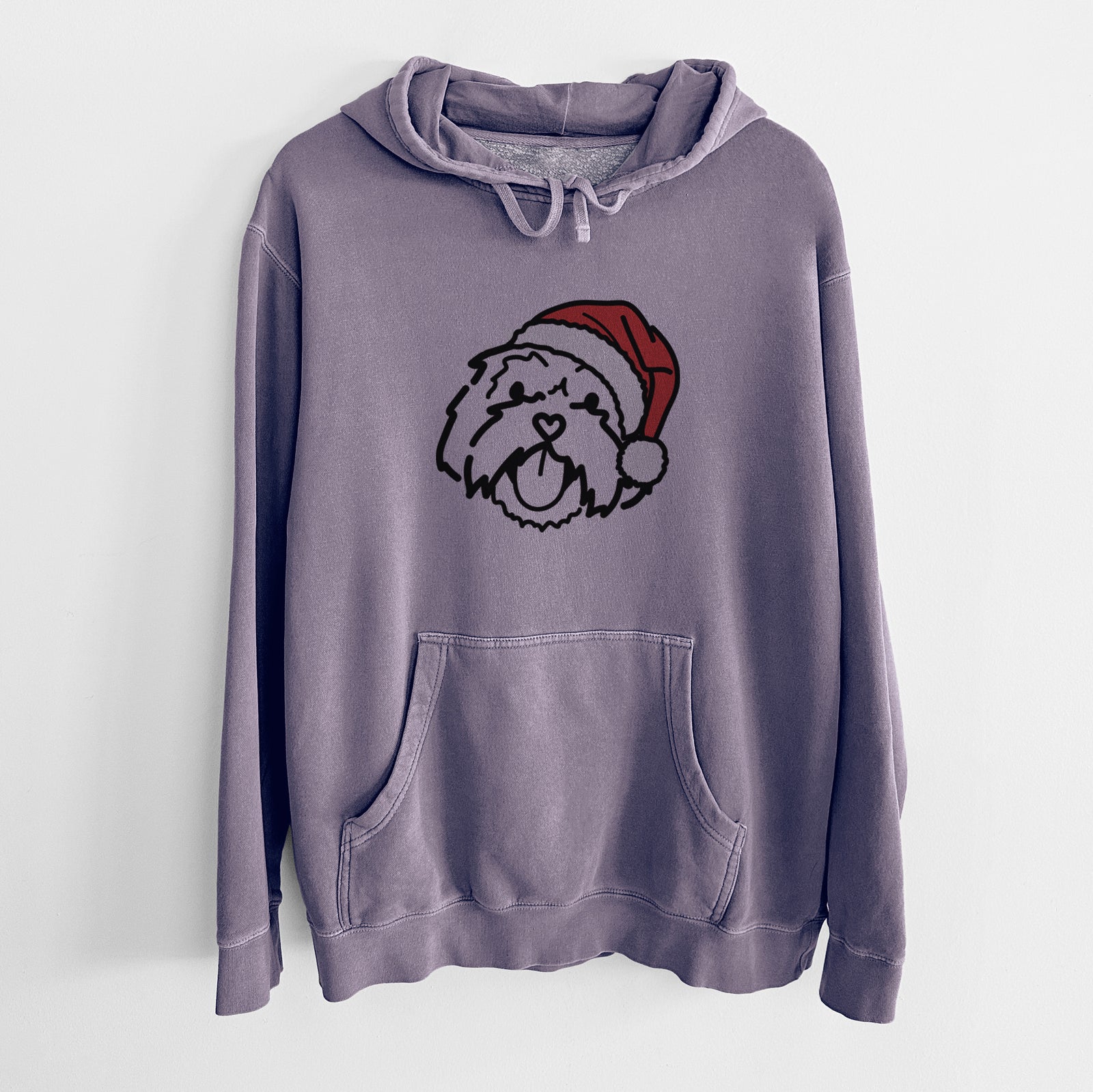 Minimalist line drawing of Keia the Lhasa Apso wearing a Santa hat on a Plum Unisex pigment dyed hoodie