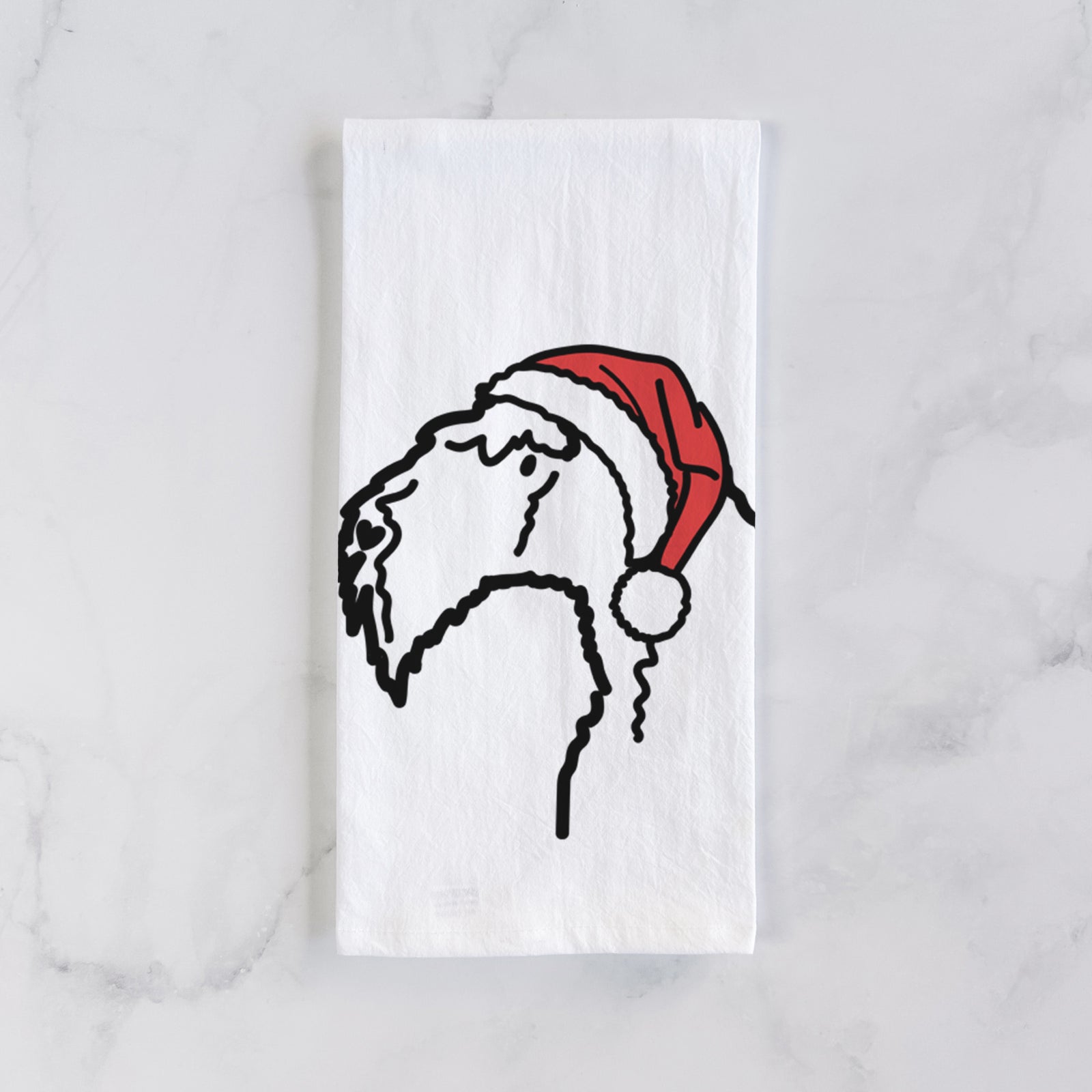 Minimalist line drawing of a Kerry Blue Terrier wearing a Santa hat on a tea towel