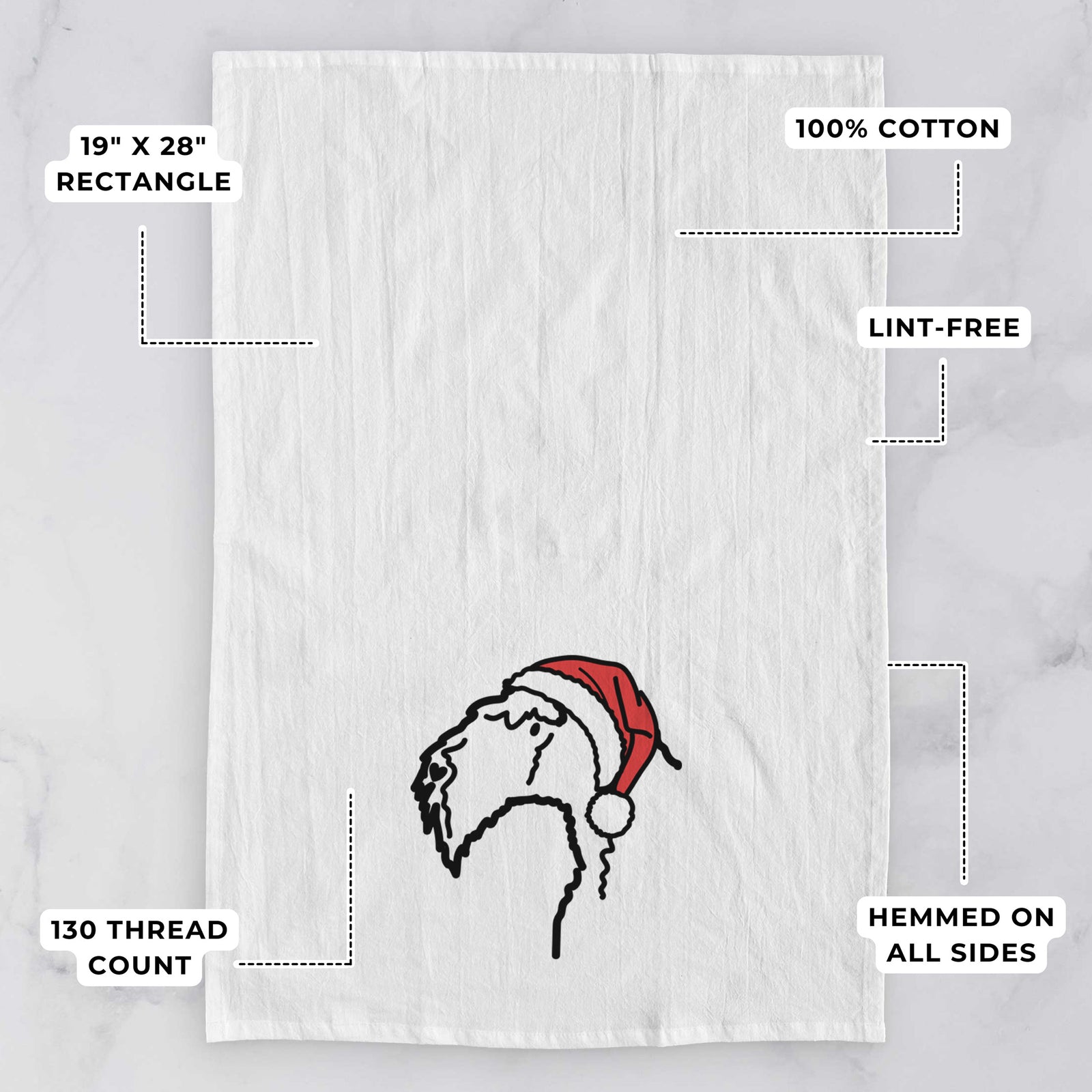 Minimalist line drawing of a Kerry Blue Terrier wearing a Santa hat on a tea towel, with feature callouts: 19 x 28 inch rectangle, 100% cotton, lint-free, 120 thread count, hemmed on all sides