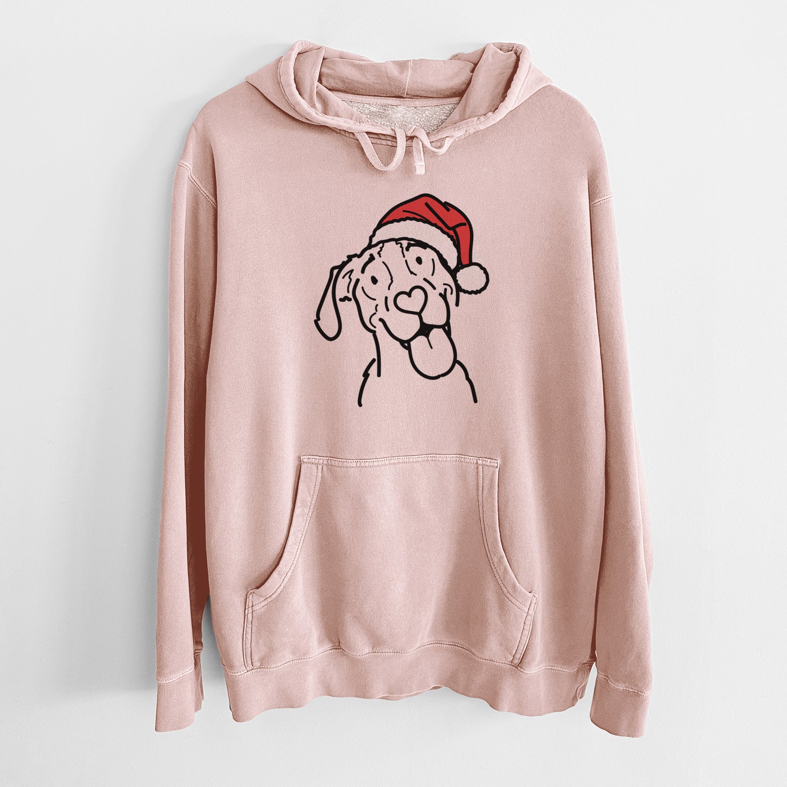Minimalist line drawing of Kimble the Treeing Walker Coonhound wearing a Santa hat on a Dusty Pink Unisex pigment dyed hoodie
