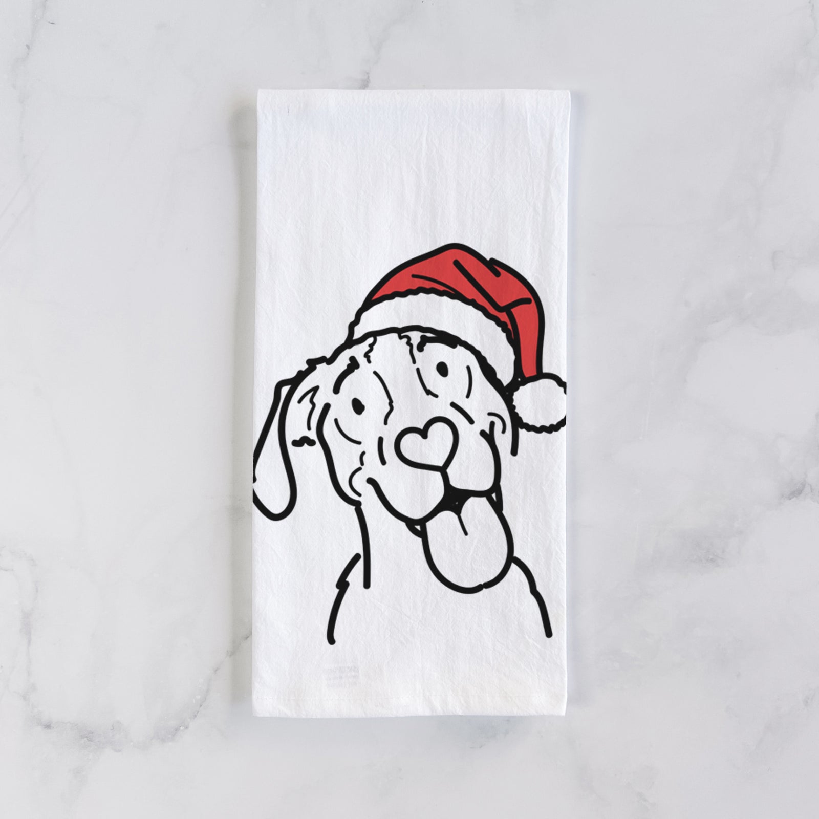 Minimalist line drawing of Kimble the Treeing Walker Coonhound wearing a Santa hat on a tea towel