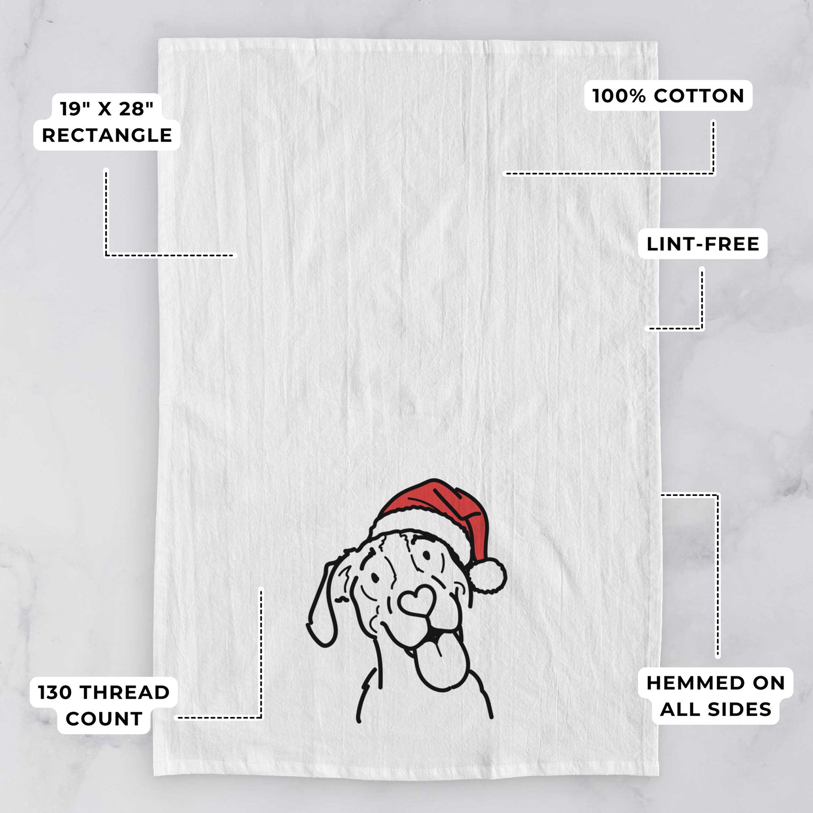 Minimalist line drawing of Kimble the Treeing Walker Coonhound wearing a Santa hat on a tea towel, with feature callouts: 19 x 28 inch rectangle, 100% cotton, lint-free, 120 thread count, hemmed on all sides