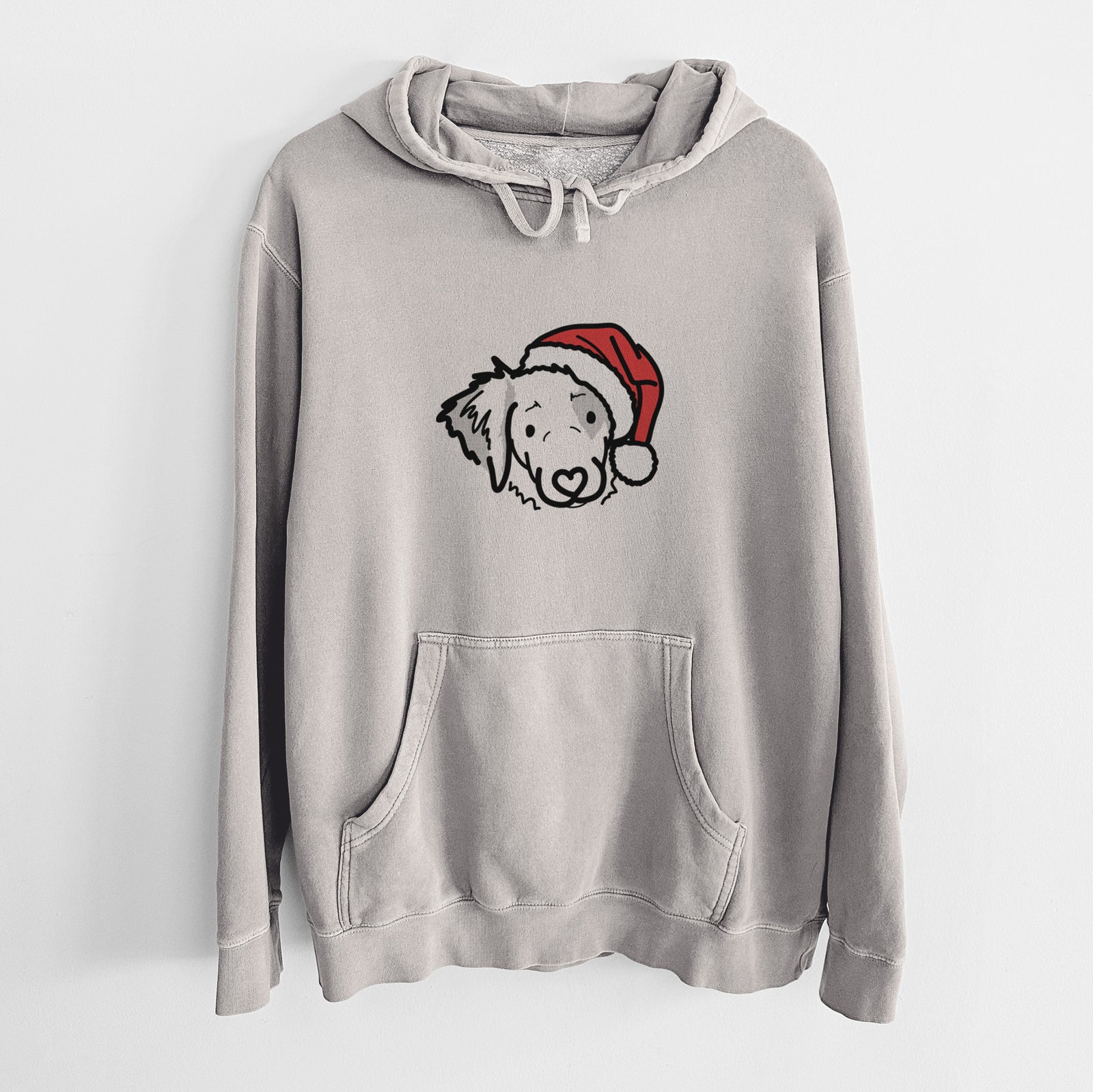 Minimalist line drawing of Kiva the Brittany Spaniel wearing a Santa hat on a Cement Unisex pigment dyed hoodie