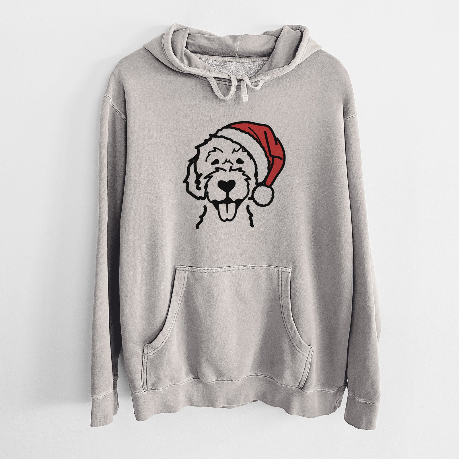 Minimalist line drawing of a Labradoodle wearing a Santa hat on a Cement Unisex pigment dyed hoodie