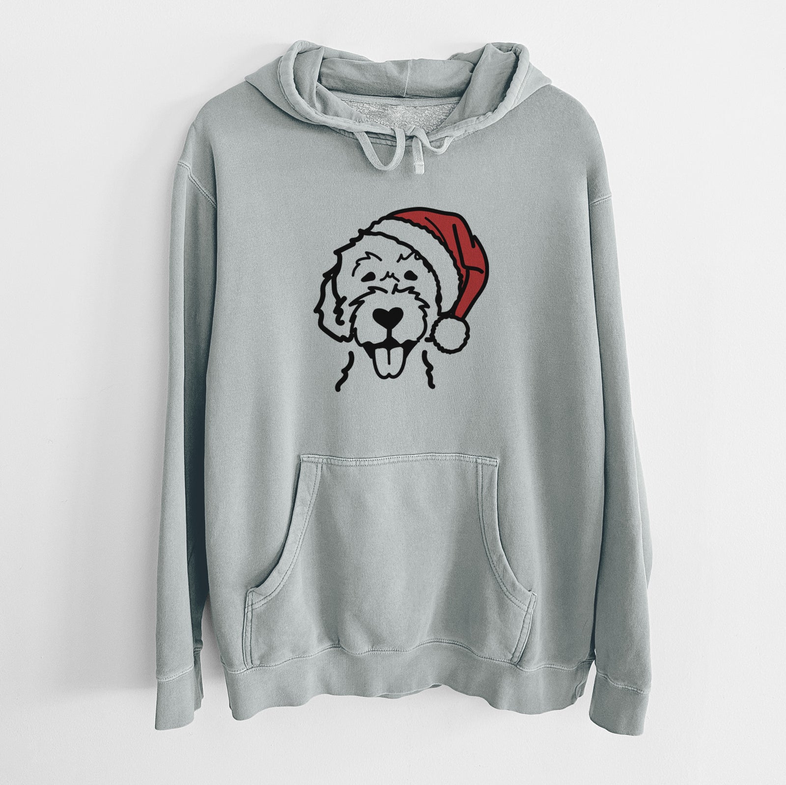 Minimalist line drawing of a Labradoodle wearing a Santa hat on a Sage Unisex pigment dyed hoodie