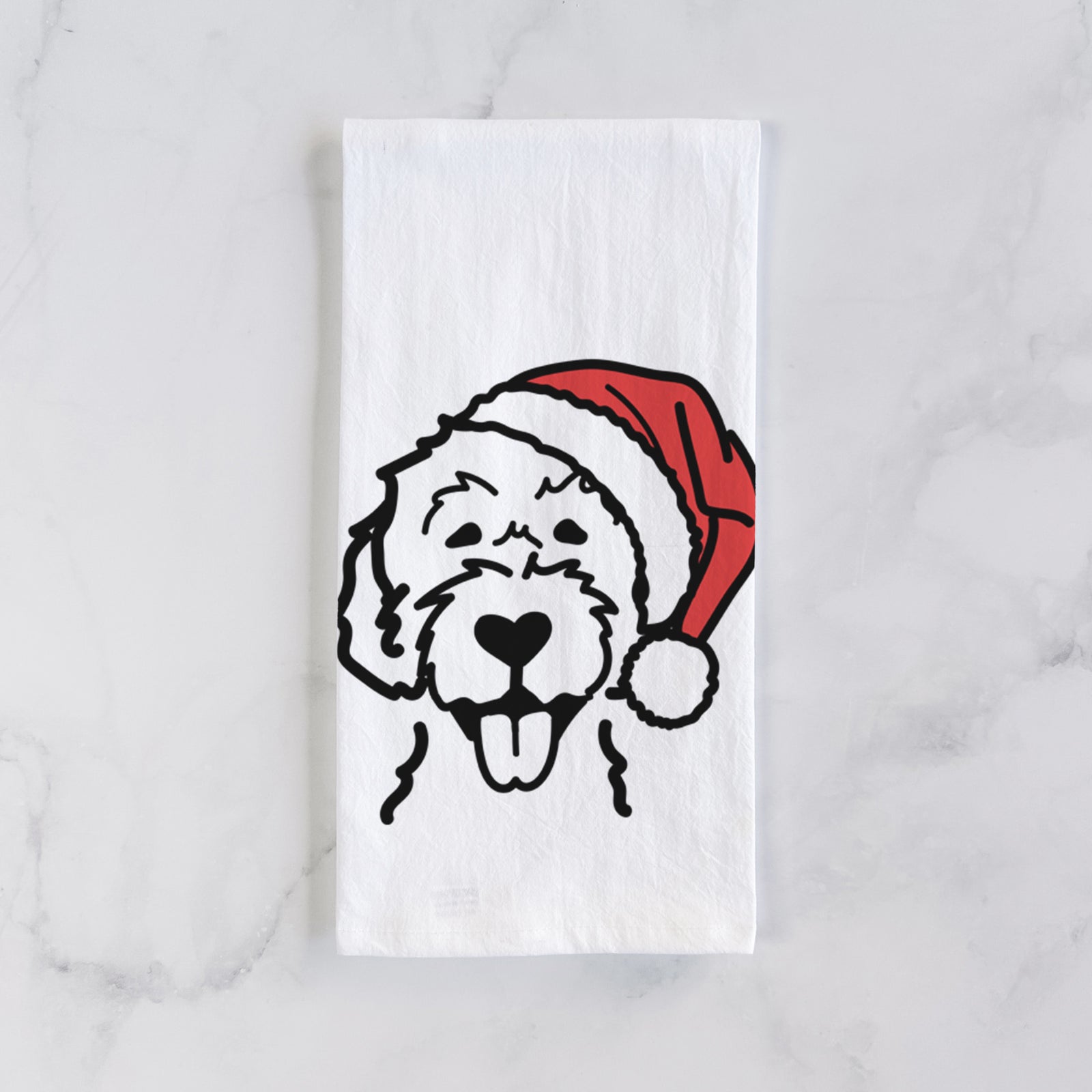 Minimalist line drawing of a Labradoodle wearing a Santa hat on a tea towel