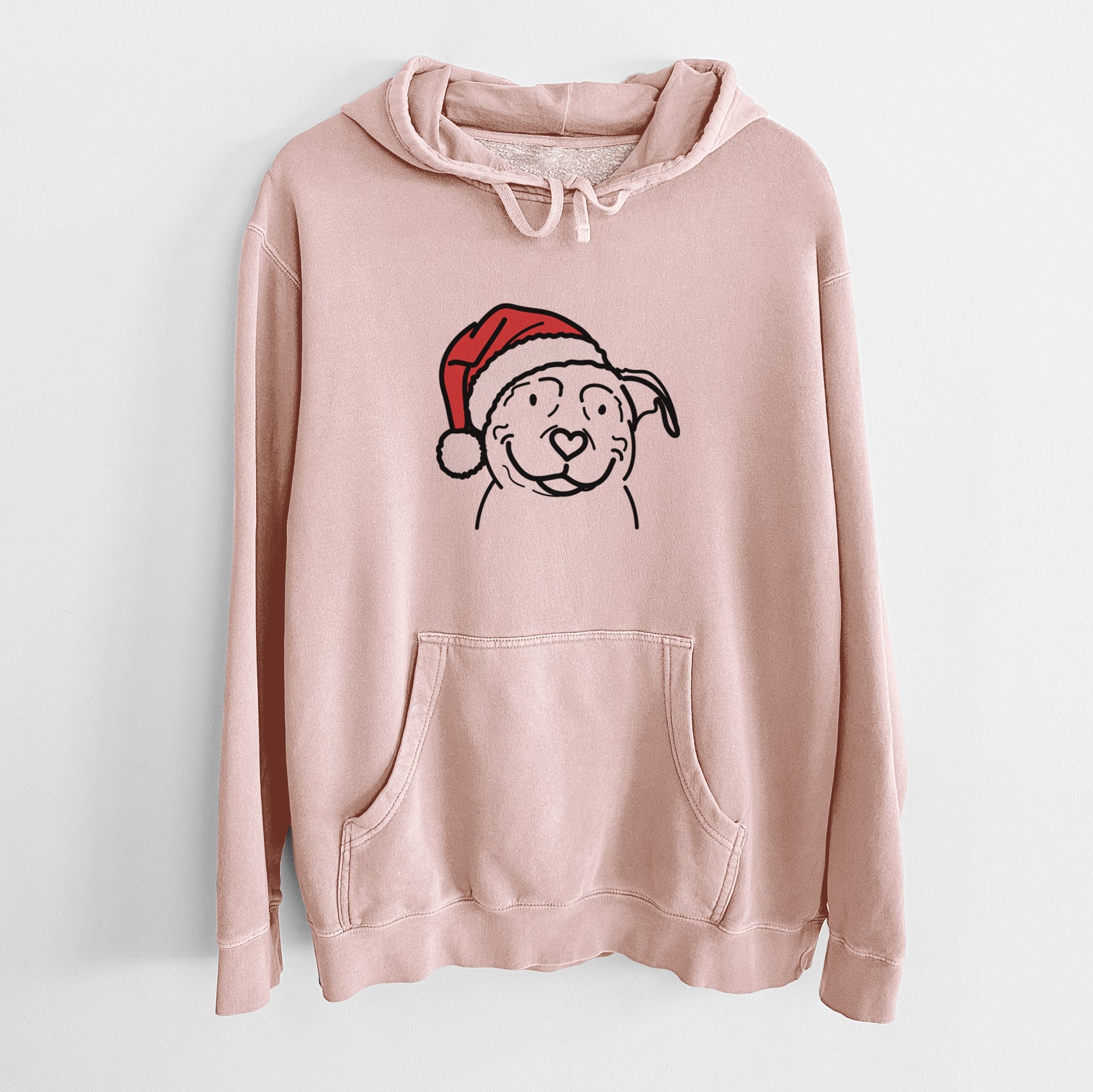 Minimalist line drawing of Lady the American Pitbull Terrier wearing a Santa hat on a Dusty Pink Unisex pigment dyed hoodie