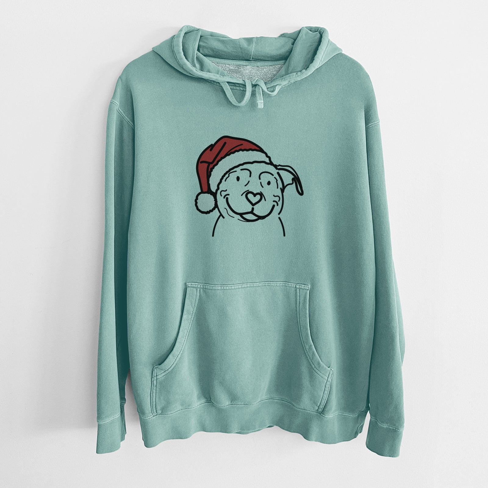 Minimalist line drawing of Lady the American Pitbull Terrier wearing a Santa hat on a Mint Unisex pigment dyed hoodie