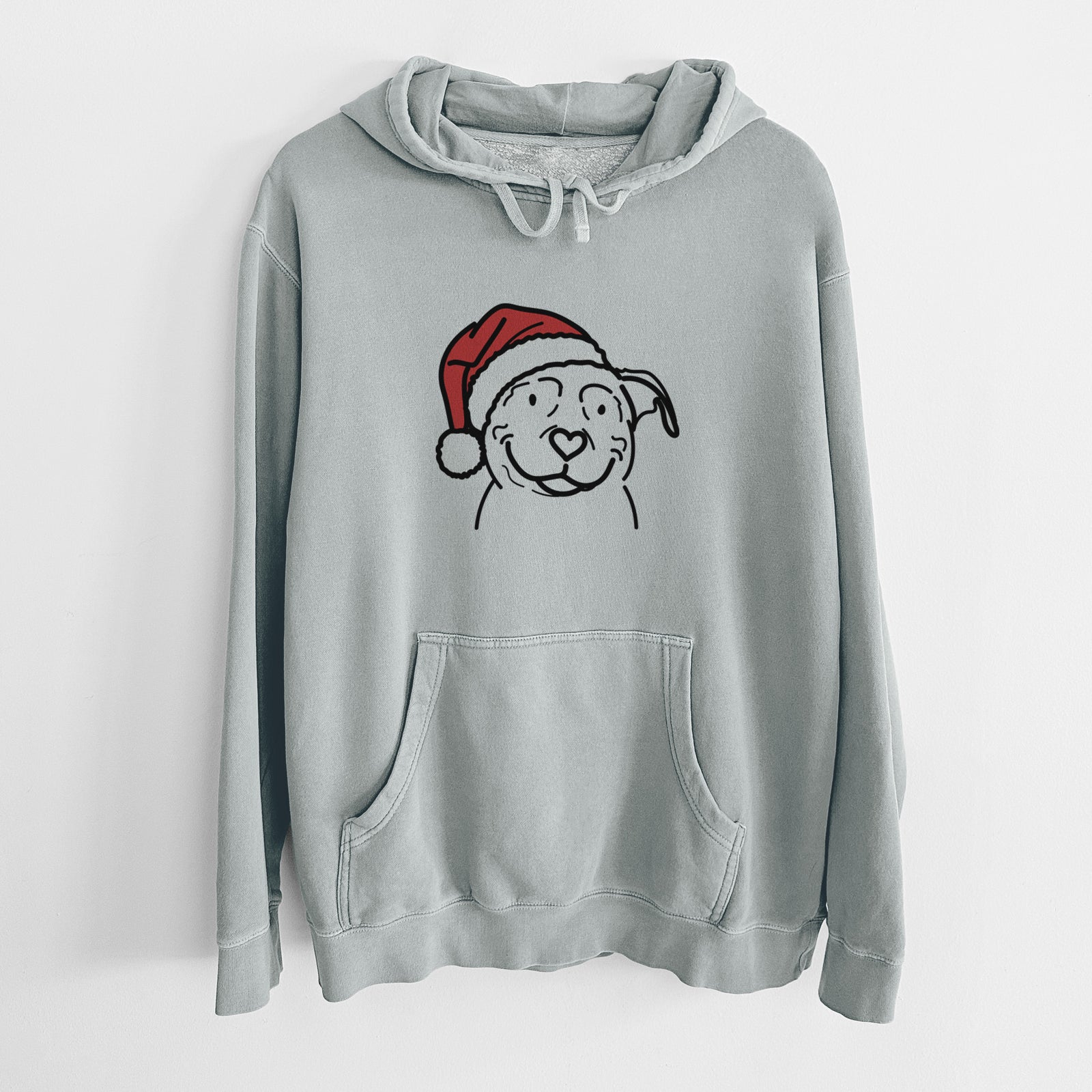 Minimalist line drawing of Lady the American Pitbull Terrier wearing a Santa hat on a Sage Unisex pigment dyed hoodie