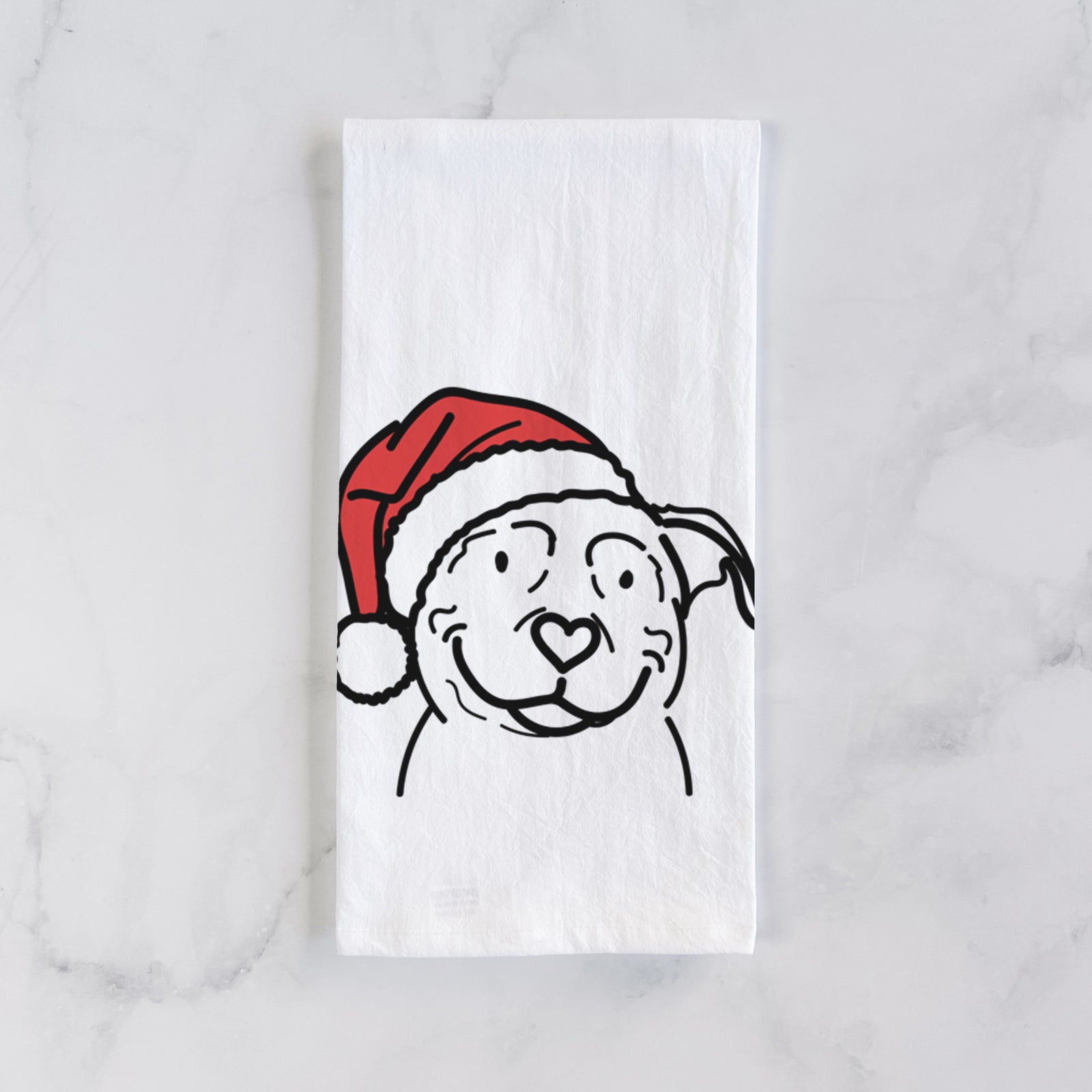 Minimalist line drawing of Lady the American Pitbull Terrier wearing a Santa hat on a tea towel
