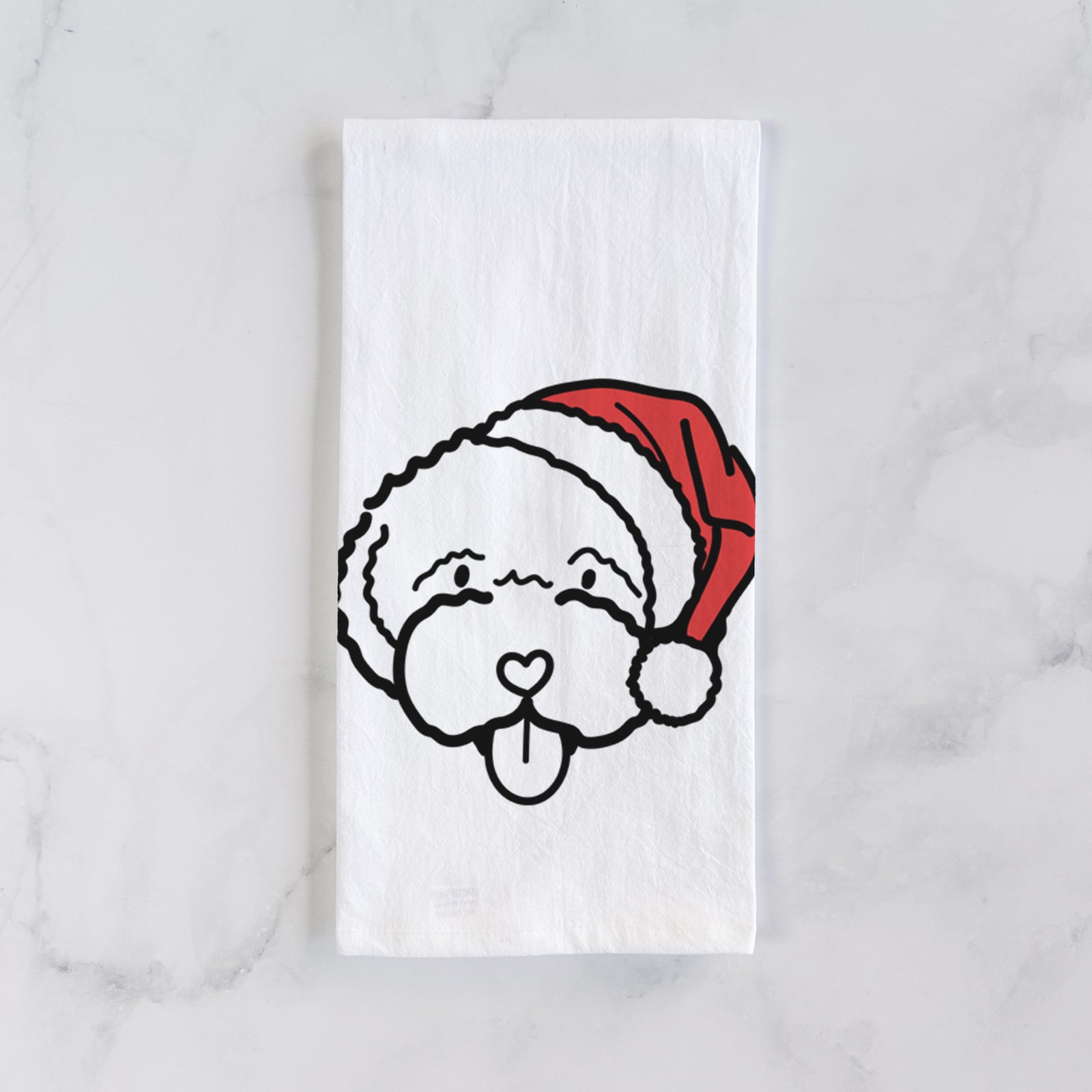 Minimalist line drawing of a Lagotta Romagnolo wearing a Santa hat on a tea towel