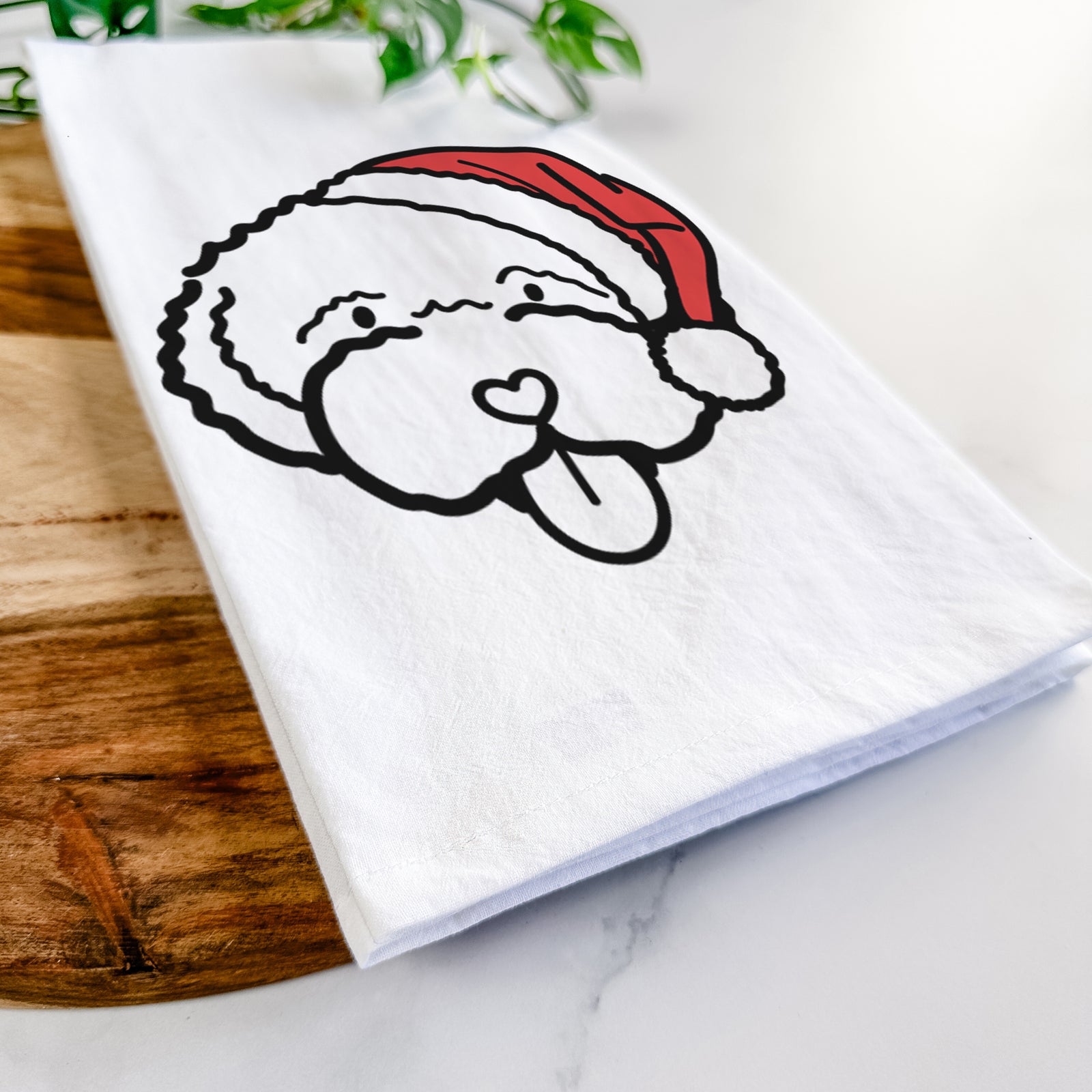 Minimalist line drawing of a Lagotta Romagnolo wearing a Santa hat on a tea towel