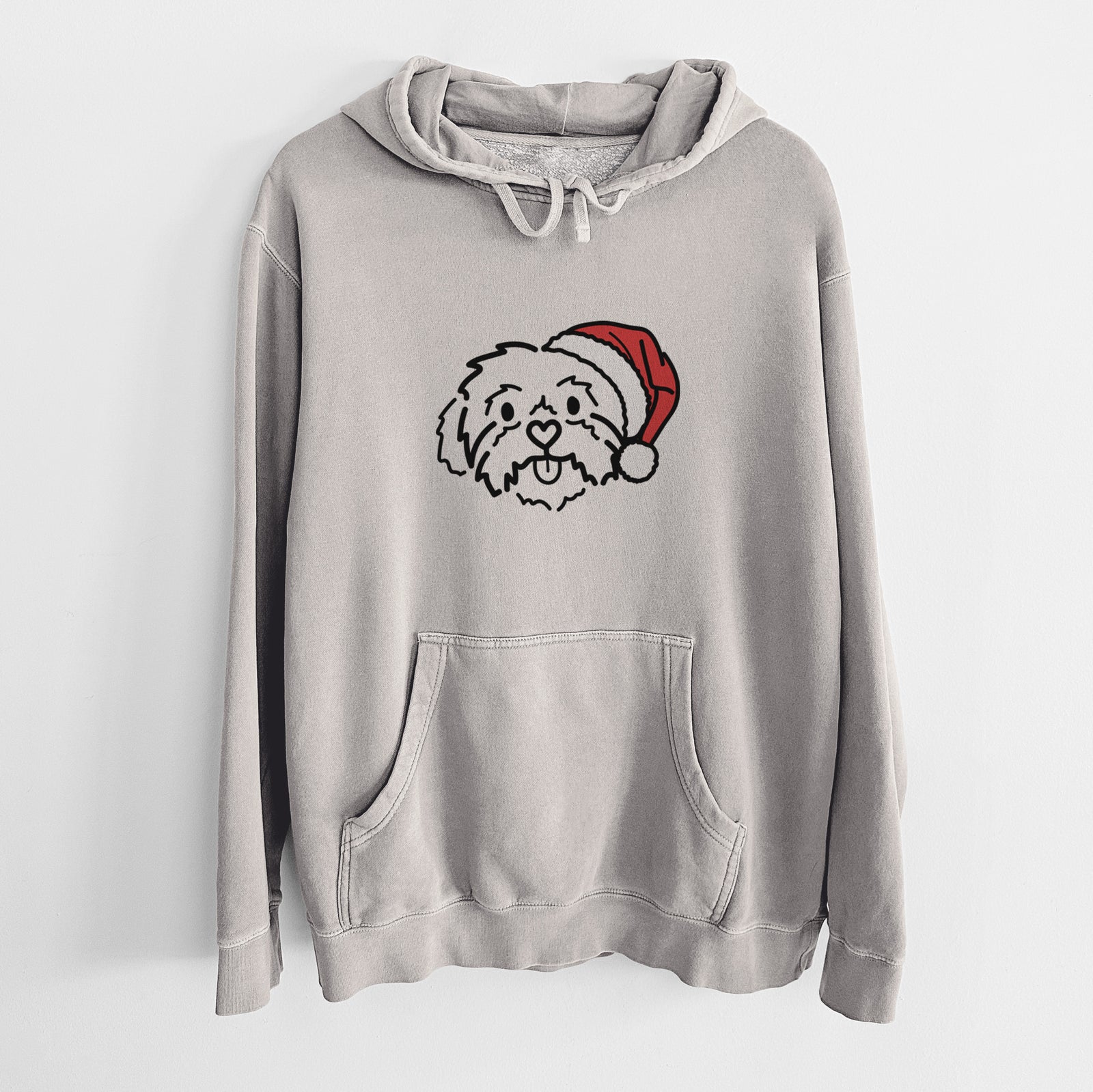 Minimalist line drawing of Leo the Shih Tzu wearing a Santa hat on a Cement Unisex pigment dyed hoodie