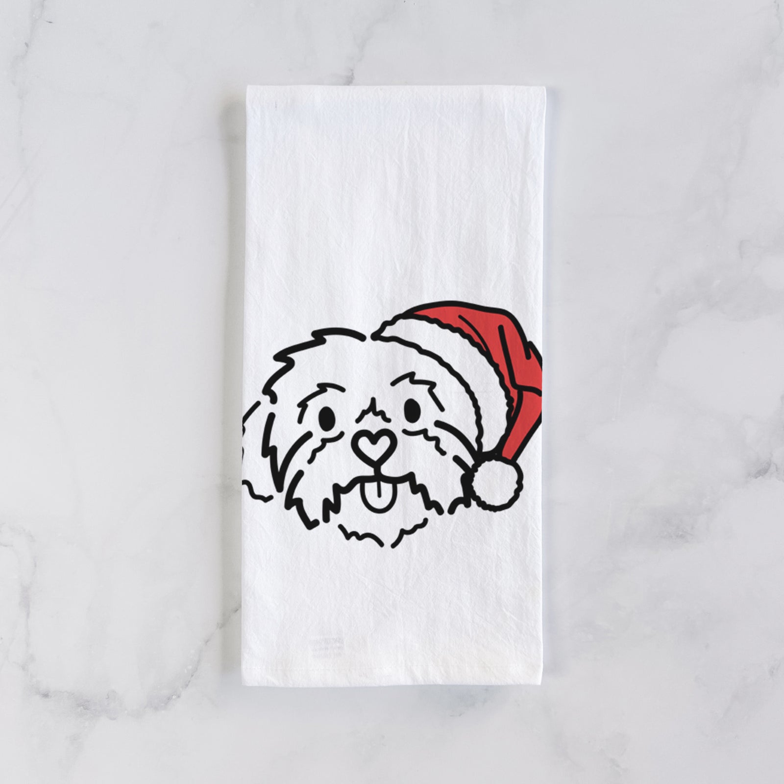 Minimalist line drawing of Leo the Shih Tzu wearing a Santa hat on a tea towel