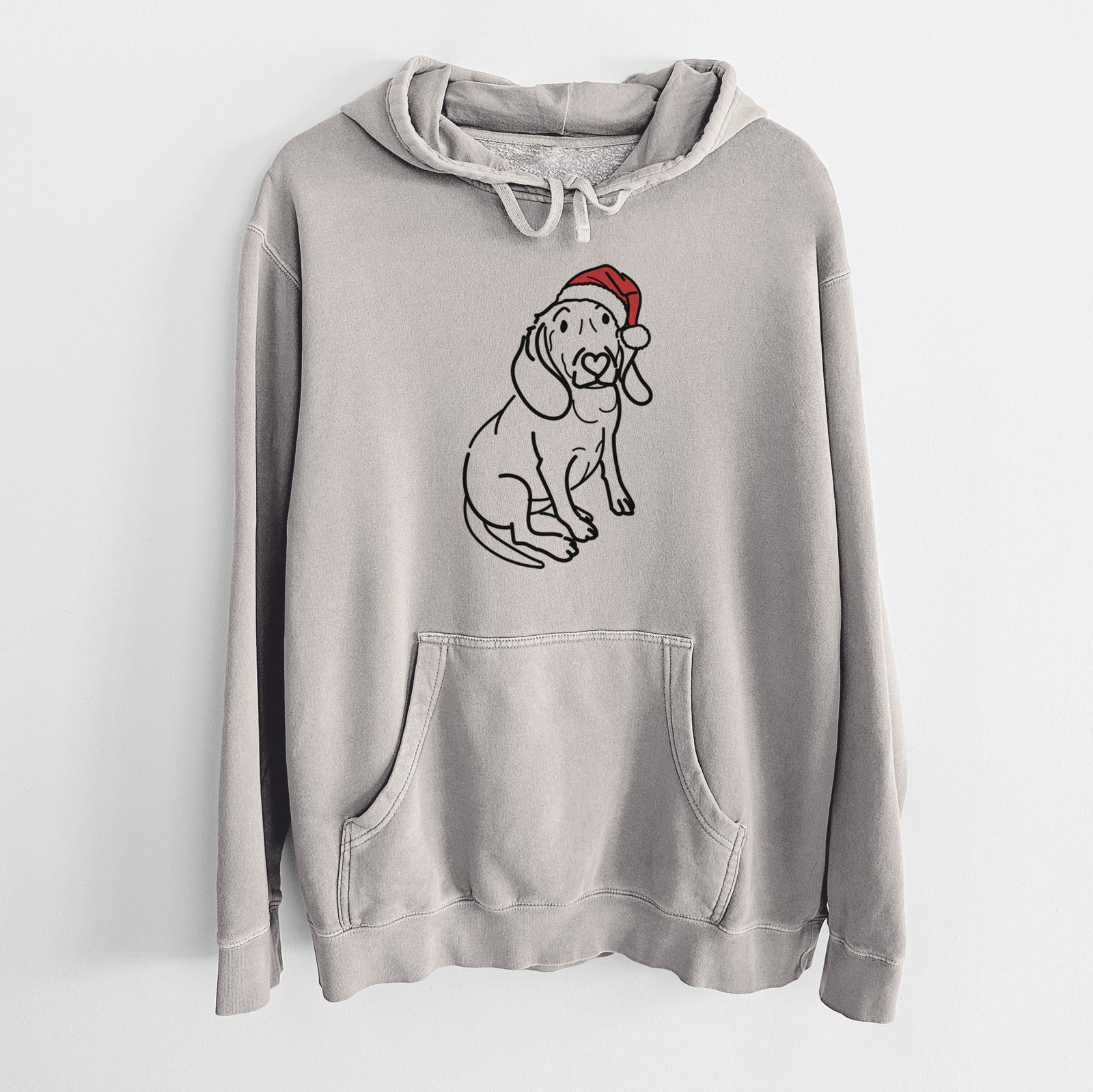 Minimalist line drawing of Lilly the Beagle wearing a Santa hat on a Cement Unisex pigment dyed hoodie