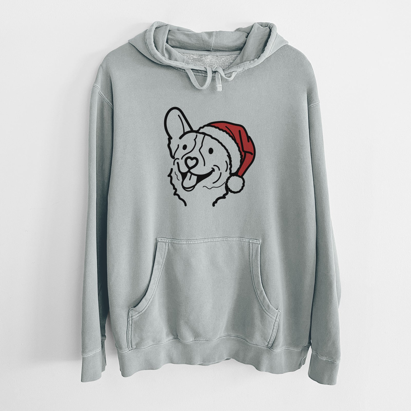 Minimalist line drawing of Lily the Corgi wearing a Santa hat on a Sage Unisex pigment dyed hoodie