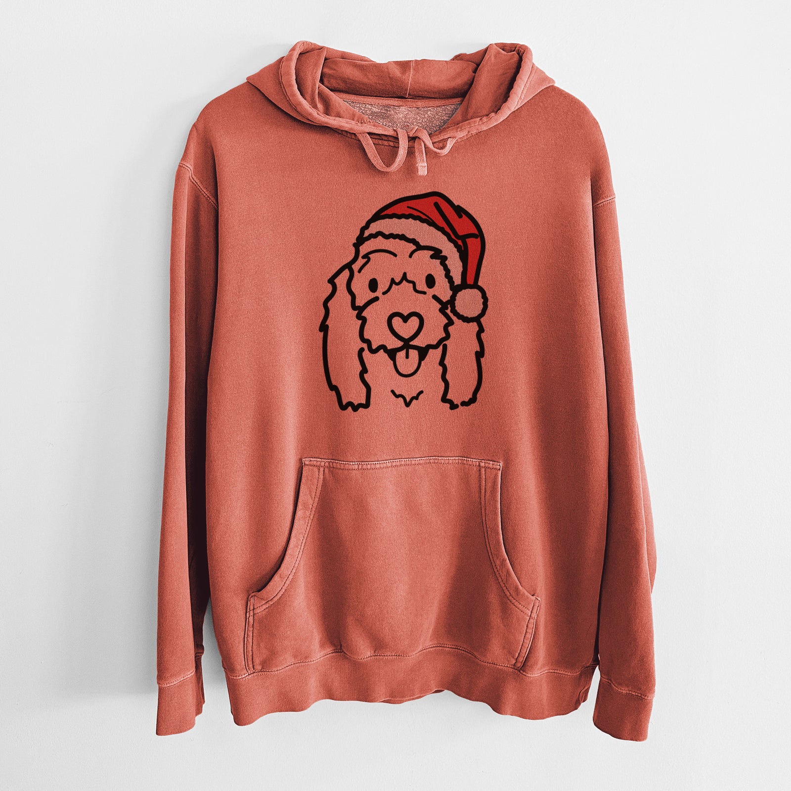 Minimalist line drawing of Louie the Coton de Tulear wearing a Santa hat on an Amber Unisex pigment dyed hoodie