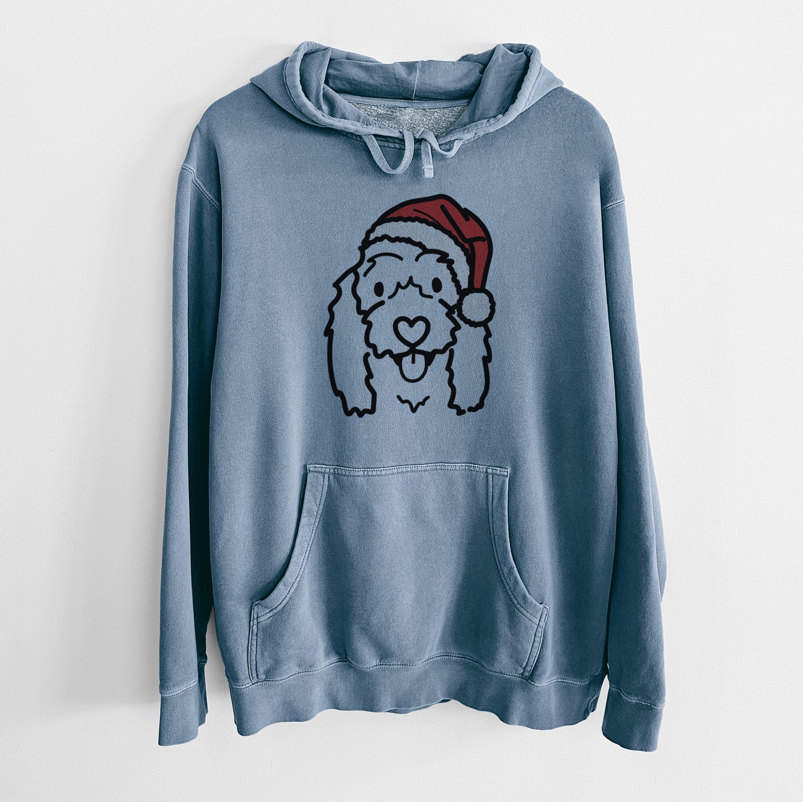 Minimalist line drawing of Louie the Coton de Tulear wearing a Santa hat on a Slate Blue Unisex pigment dyed hoodie