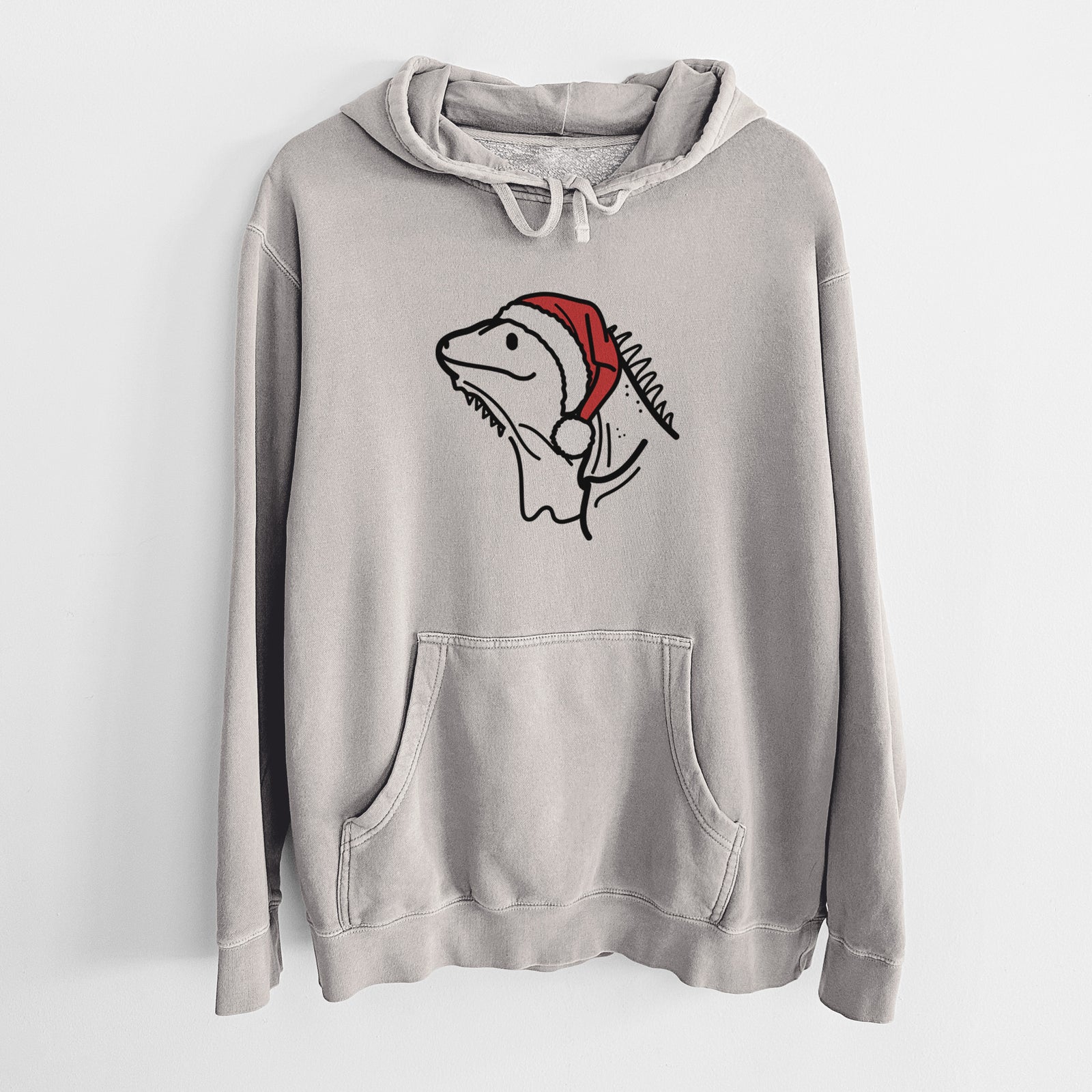 Minimalist line drawing of Louie the Iguana wearing a Santa hat on a Cement Unisex pigment dyed hoodie