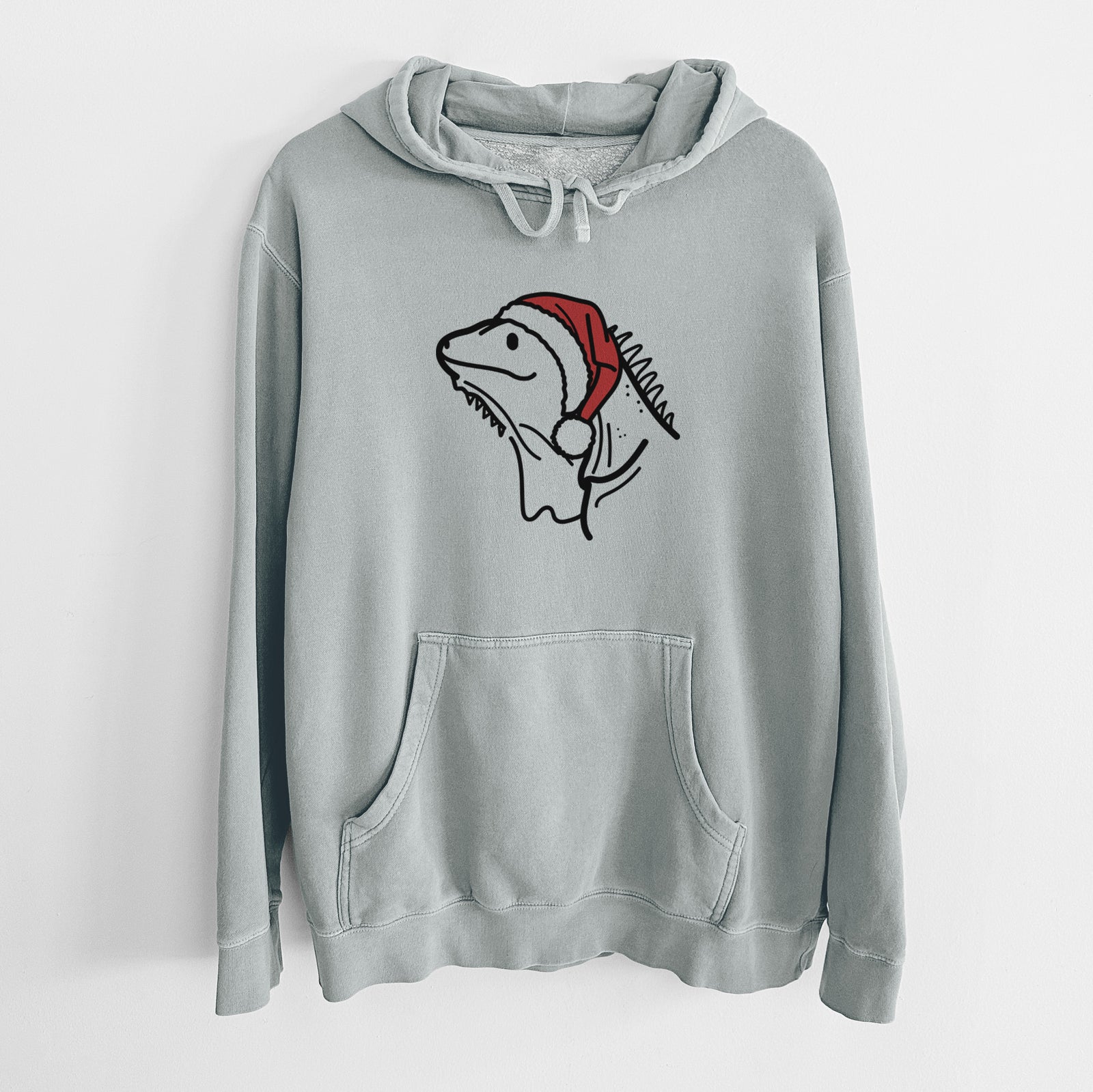 Minimalist line drawing of Louie the Iguana wearing a Santa hat on a Sage Unisex pigment dyed hoodie